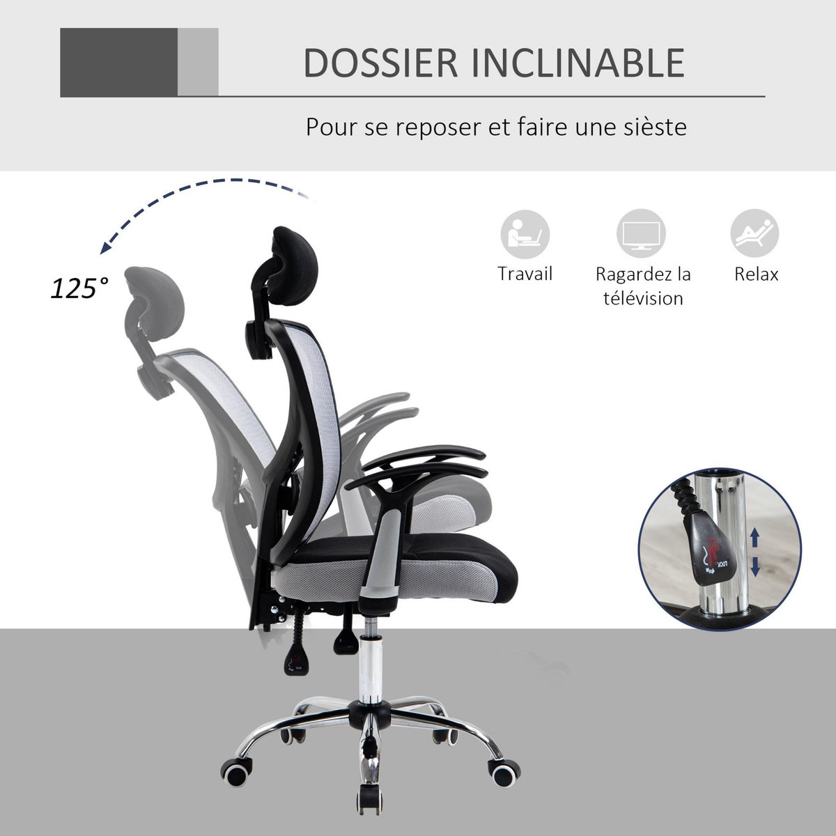 VINSETTO Vinsetto Chaise de bureau manager grand confort réglable dossier inclinable piètement chromé tissu maille polyester gris noir