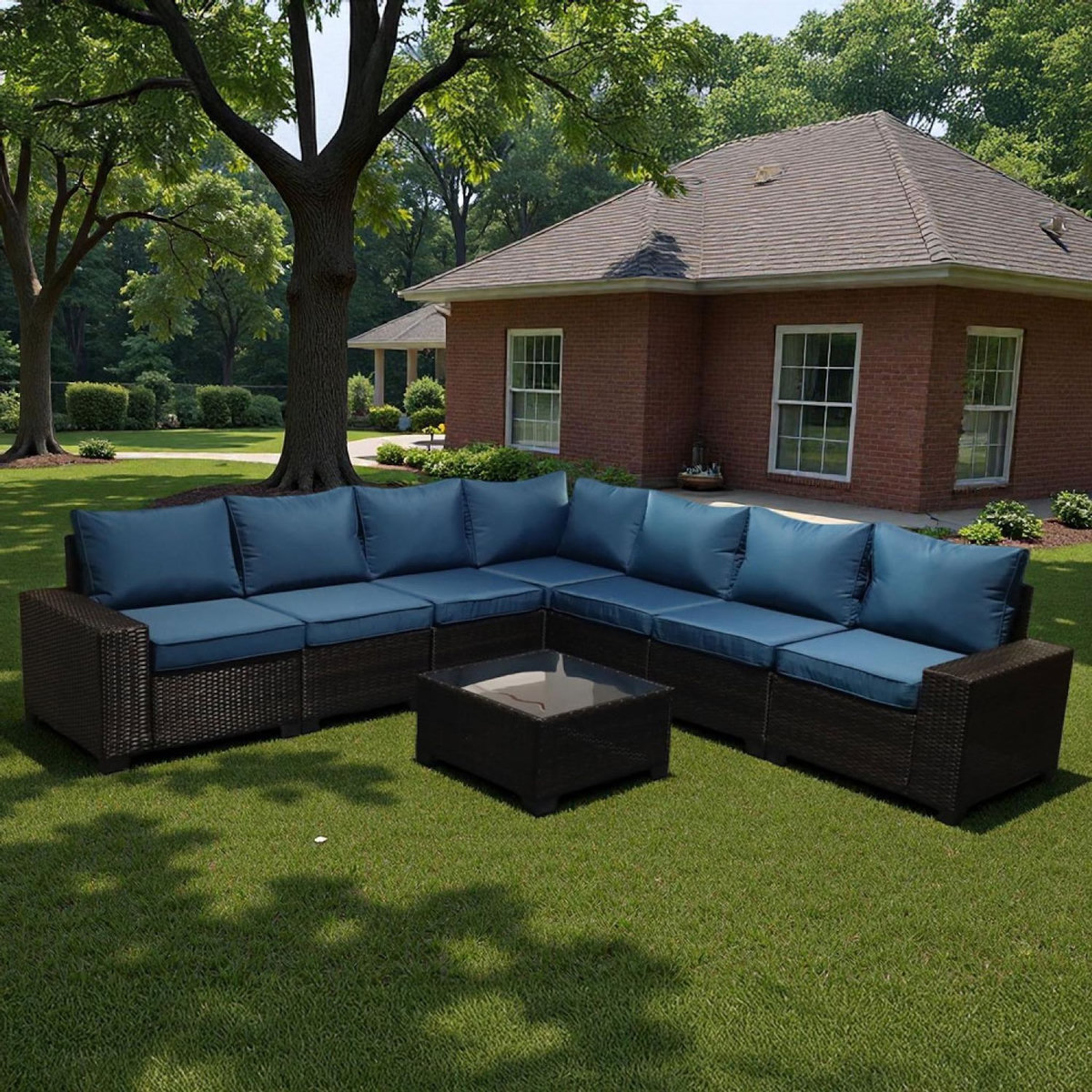 CONCEPT USINE Salon de jardin d'angle 7 places en résine tressée avec table gris et bleu LAZARO