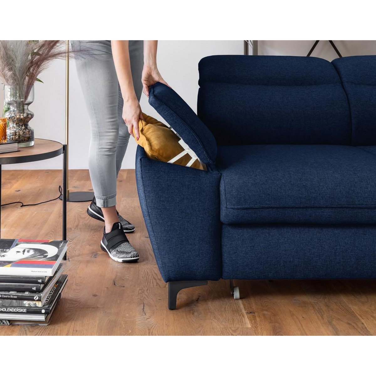 BEST MOBILIER Clever - canapé d'angle droit - 5 places - convertible avec coffre et têtières - en tissu