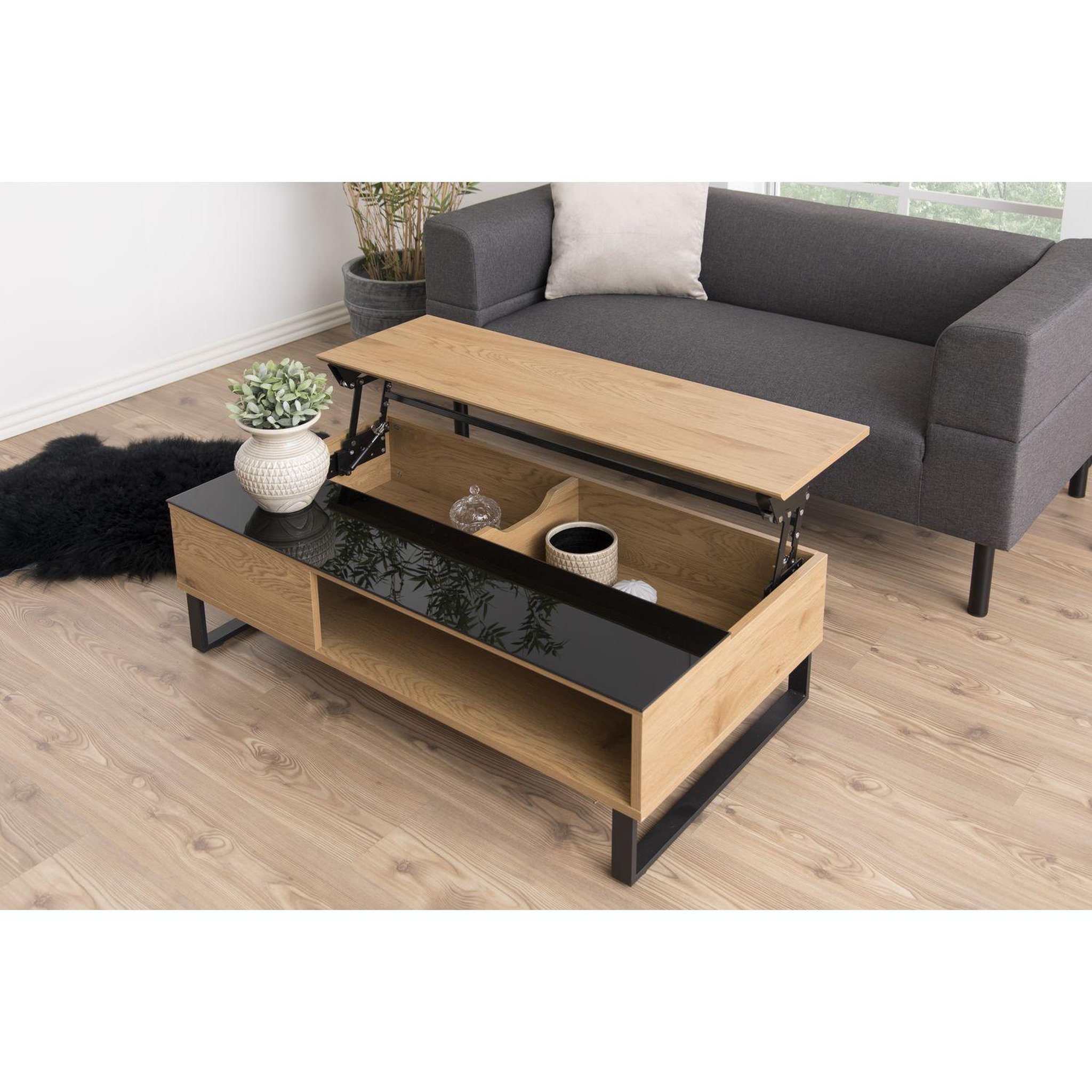 Voir la diapositive 5 : TOILINUX Table basse azéla en verre et mdf avec plateaux relevable