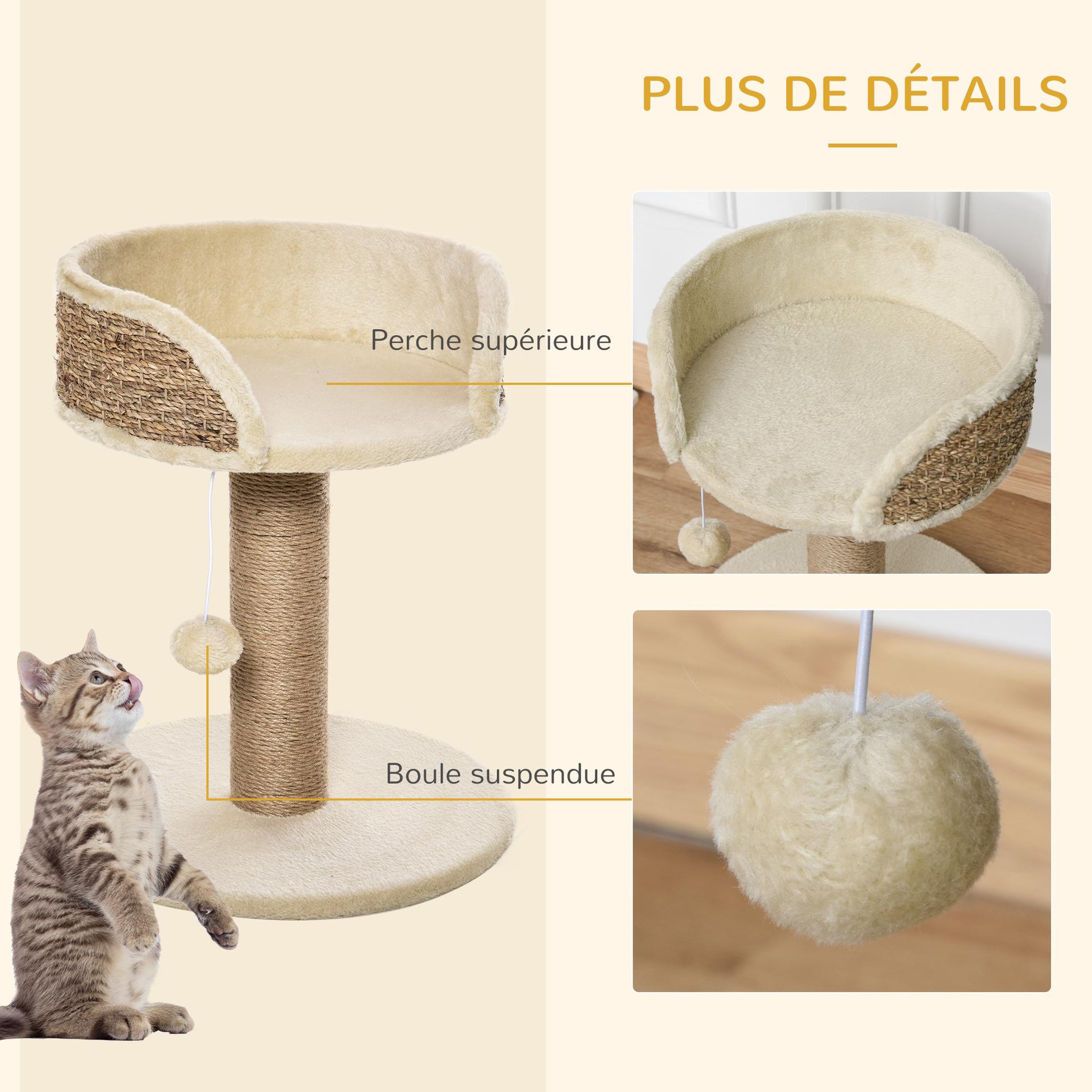 Voir la diapositive 6 : PAWHUT Arbre à chat griffoir 2 niveaux h. 49 cm - poteau sisal, plateforme observation, jeu de boule suspendue - jute polyester beige