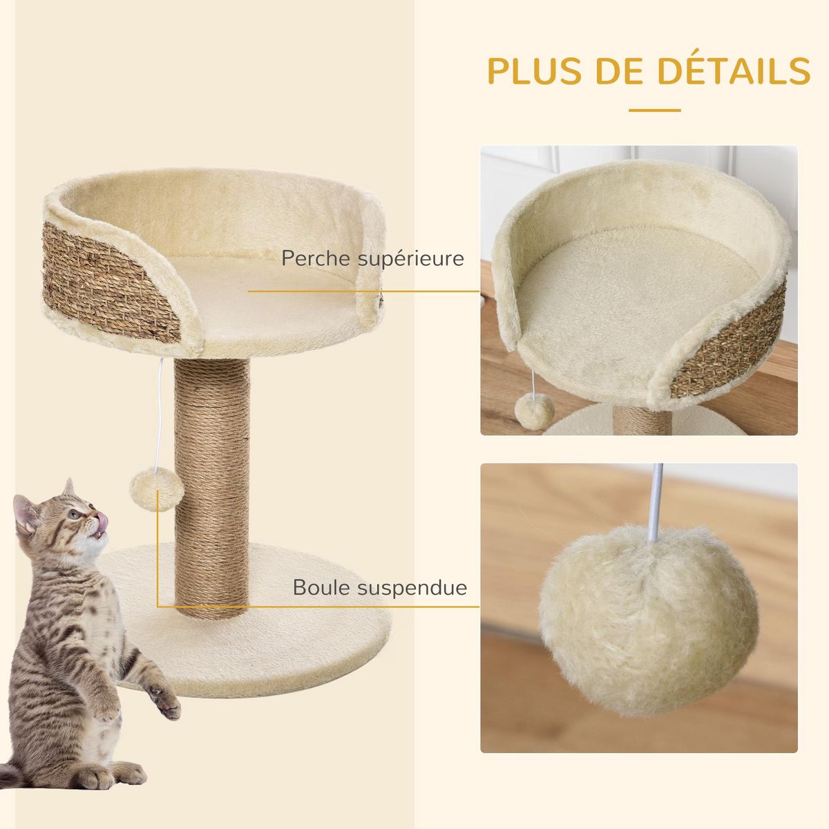 PAWHUT Arbre à chat griffoir 2 niveaux H. 49 cm - poteau sisal, plateforme observation, jeu de boule suspendue - jute polyester beige