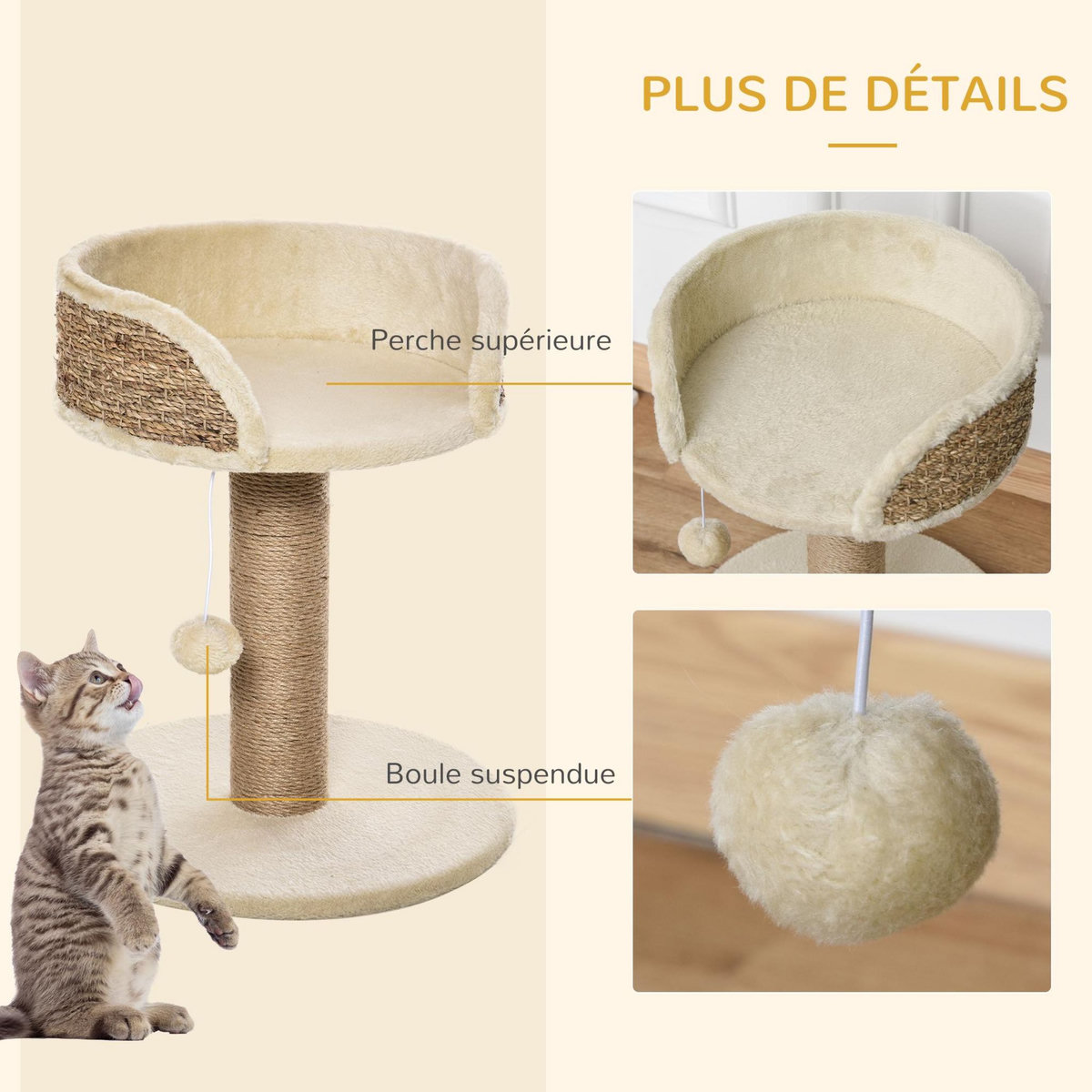 PAWHUT Arbre à chat griffoir 2 niveaux H. 49 cm - poteau sisal, plateforme observation, jeu de boule suspendue - jute polyester beige