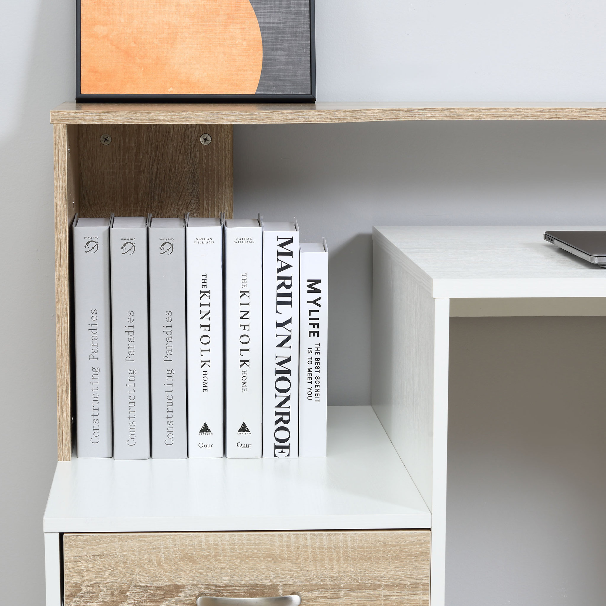 Voir la diapositive 4 : HOMCOM HOMCOM Bureau Informatique multimédia Design Multi-rangements 137 L x 55 l x 92 H cm chêne Blanc