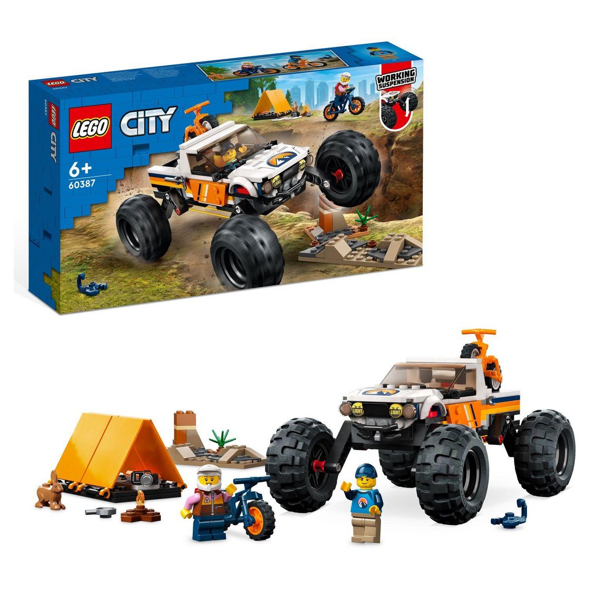 LEGO City 60387 Les aventures du 4x4 tout terrain, Set de Camping, Jouet Monster Truck avec Suspension et VTT, Jeu de Voiture 