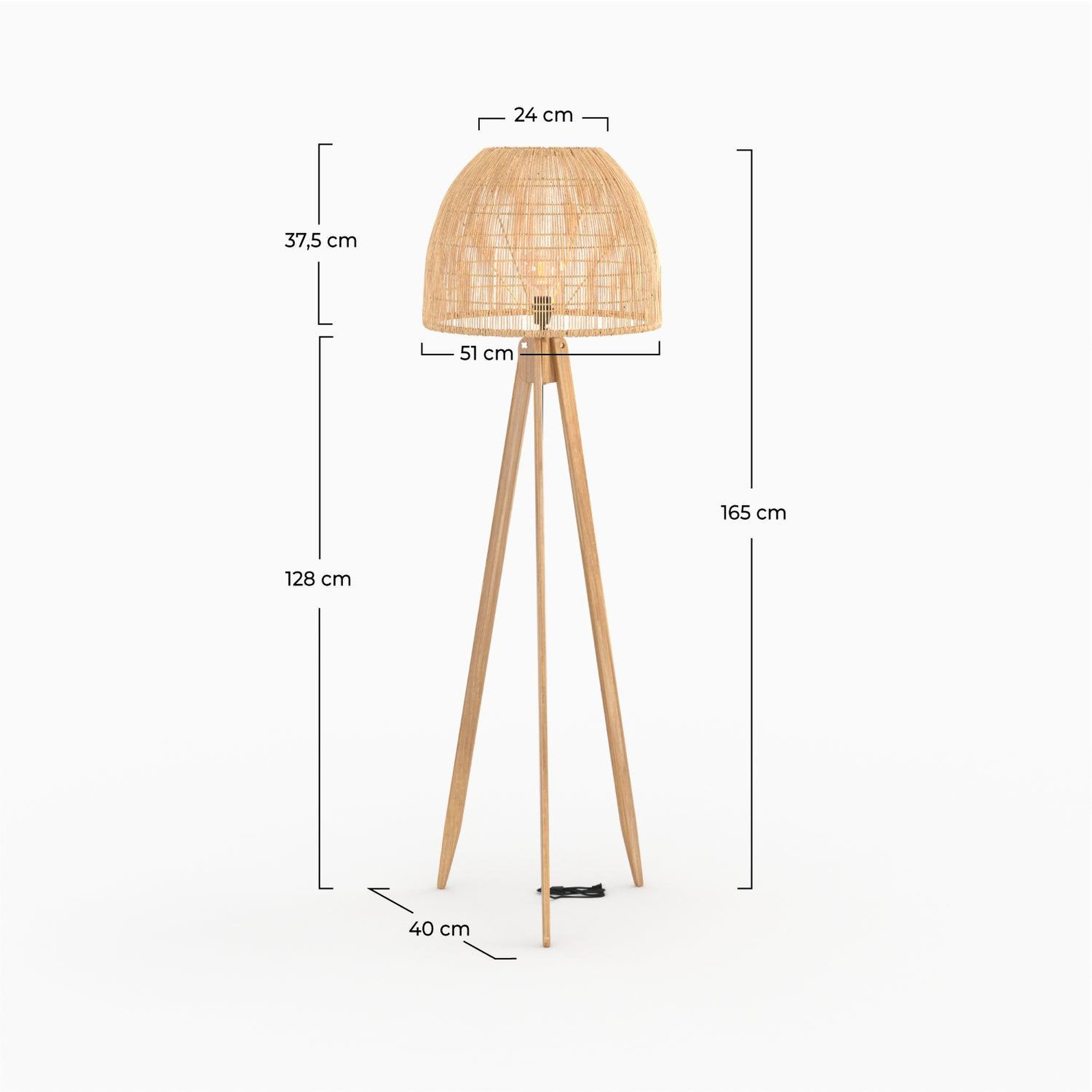 Voir la diapositive 4 : MAISON PAVANE Lampadaire trépied en rotin et bois de teck massif-corte