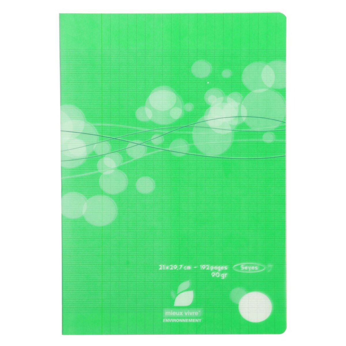 AUCHAN Cahier piqué polypro 21x29,7cm 192 pages grands carreaux Seyes vert motif ronds