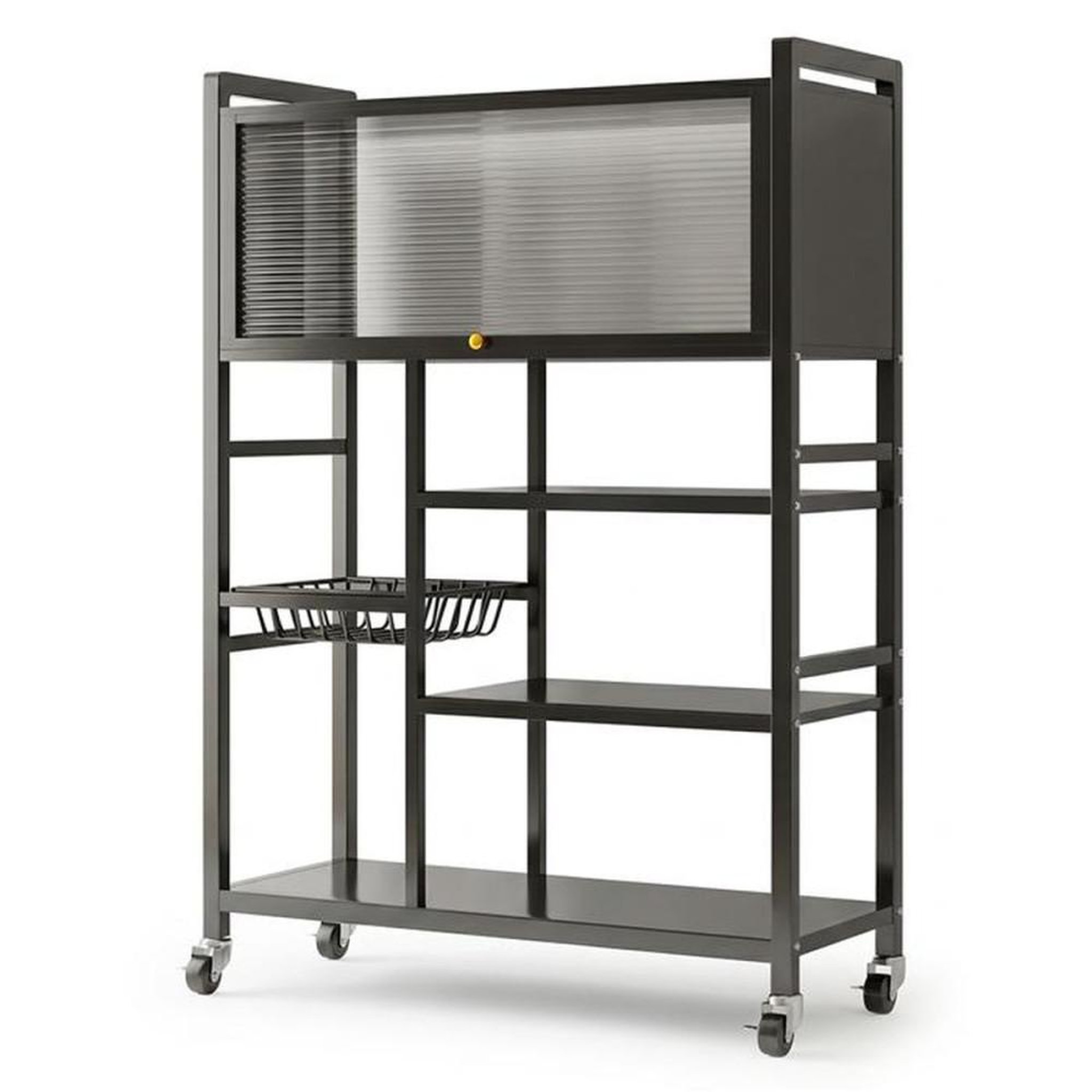 Chariot étagère cuisine 5 niveaux noir en inox avec porte translucide et panier, 4 roulettes universelles dont 2 avec frein
