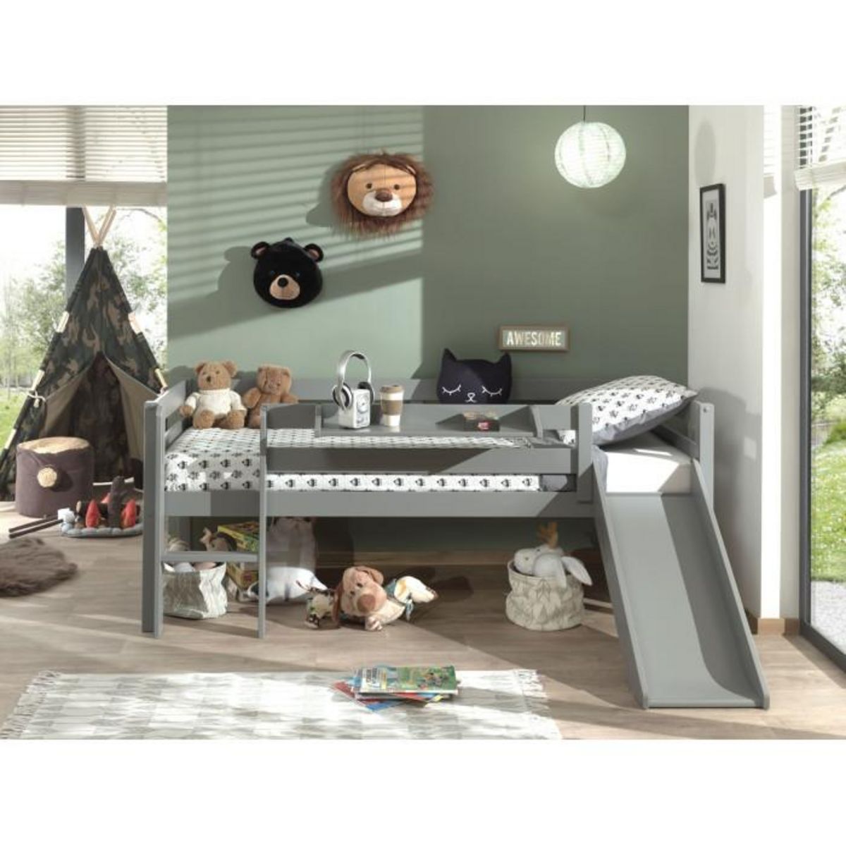 Paris Prix Pack - Lit Enfant Surélevé & Etagère  Pino II  Gris