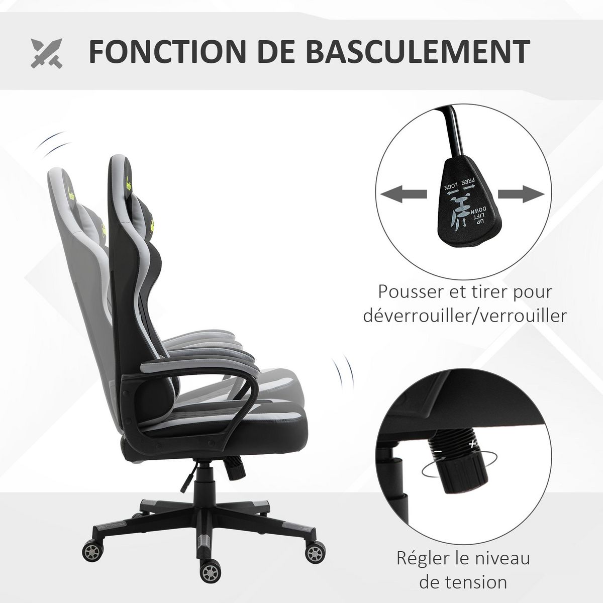VINSETTO Chaise de bureau gaming réglable - coussin lombaires et tétière inclus - fonction bascule verrouillable - noir gris