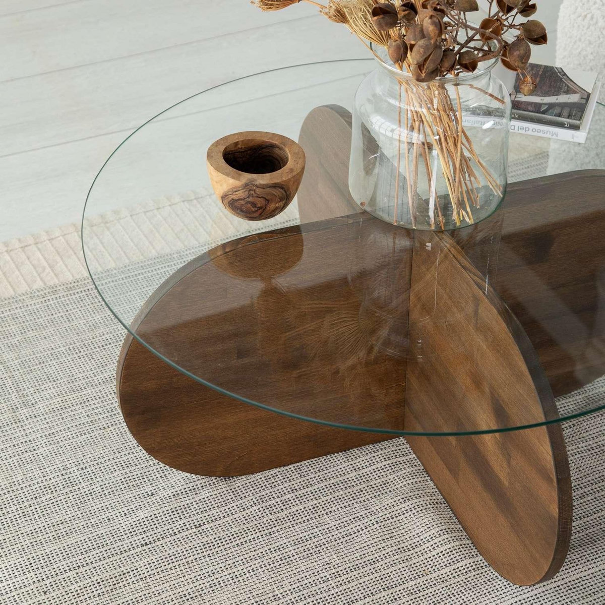 TOILINUX Table basse ronde Luminix en verre et bois massif - Marron foncé