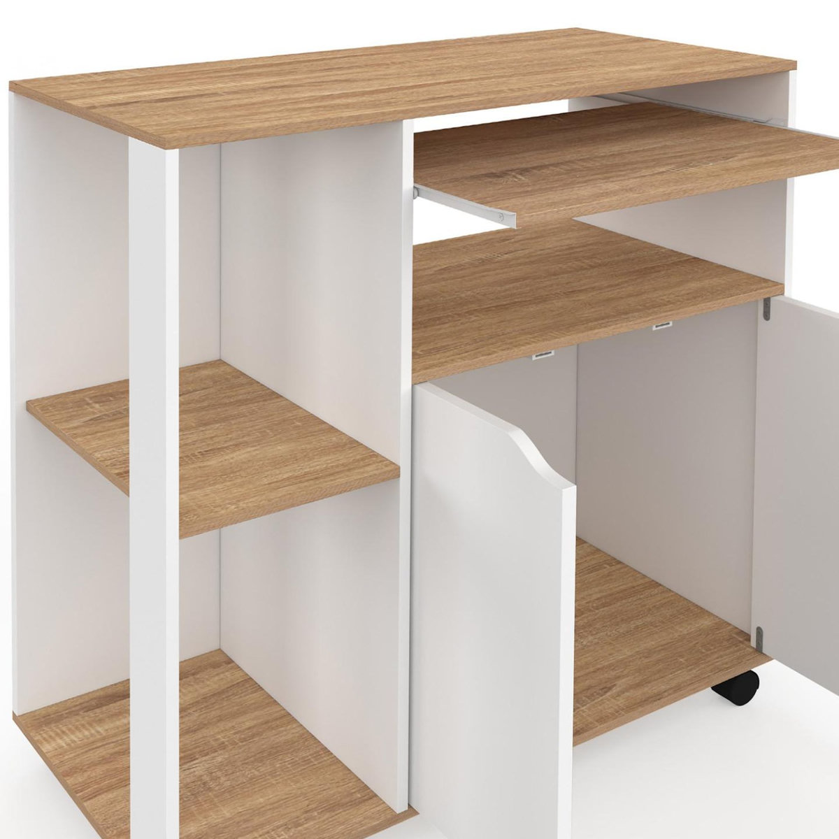 ID MARKET Desserte de cuisine COSI bois blanc et plateaux façon hêtre L.76 CM