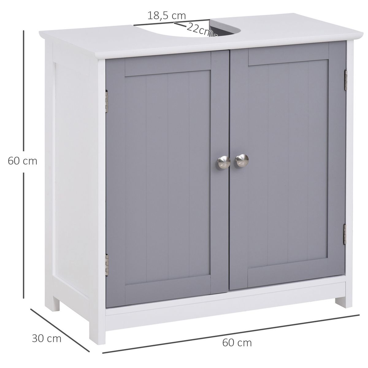 KLEANKIN Meuble salle de bain - meuble sous-vasque - placard 2 portes avec étagère - dim. 60L x 30l x 60H cm - MDF gris blanc