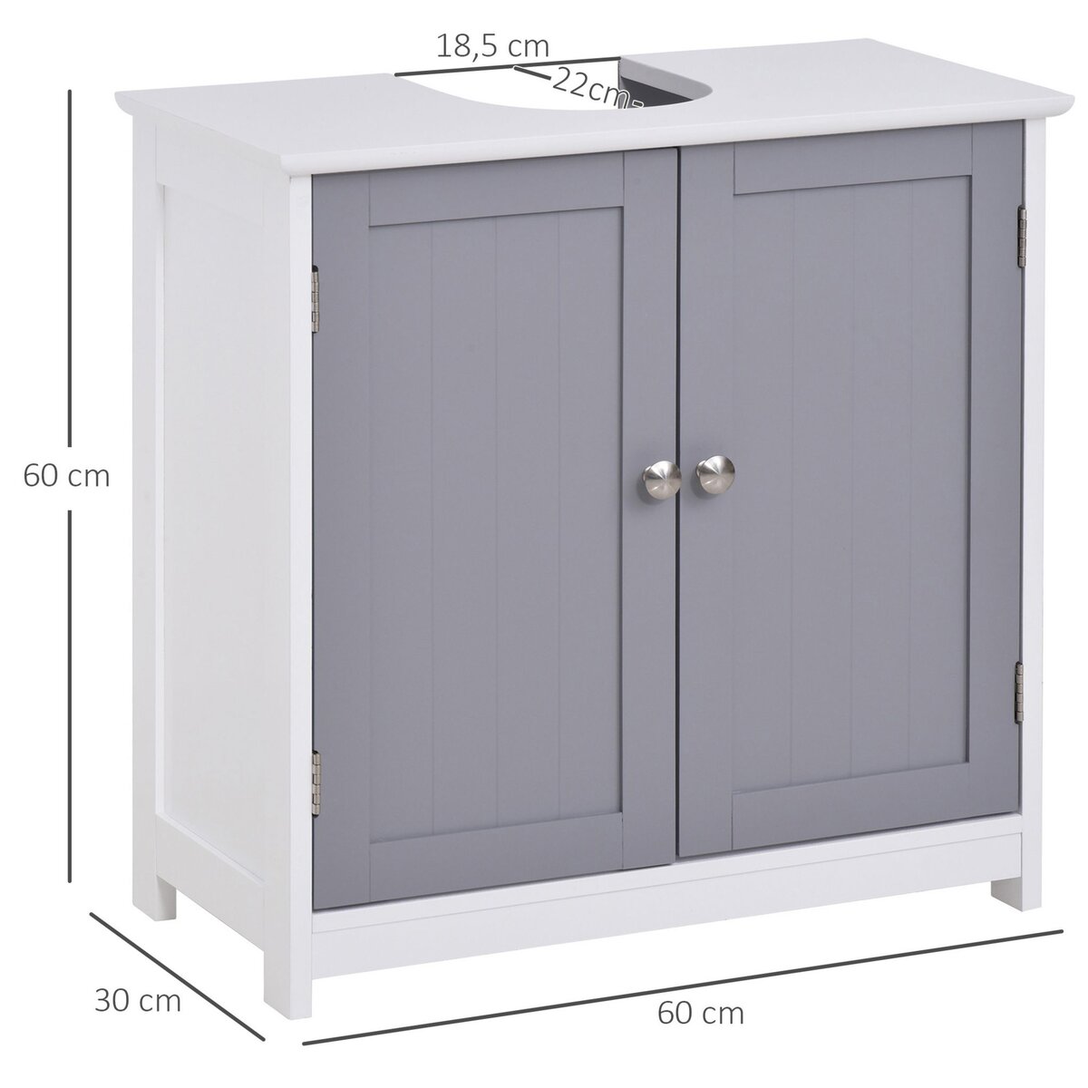 KLEANKIN Meuble salle de bain - meuble sous-vasque - placard 2 portes avec étagère - dim. 60L x 30l x 60H cm - MDF gris blanc