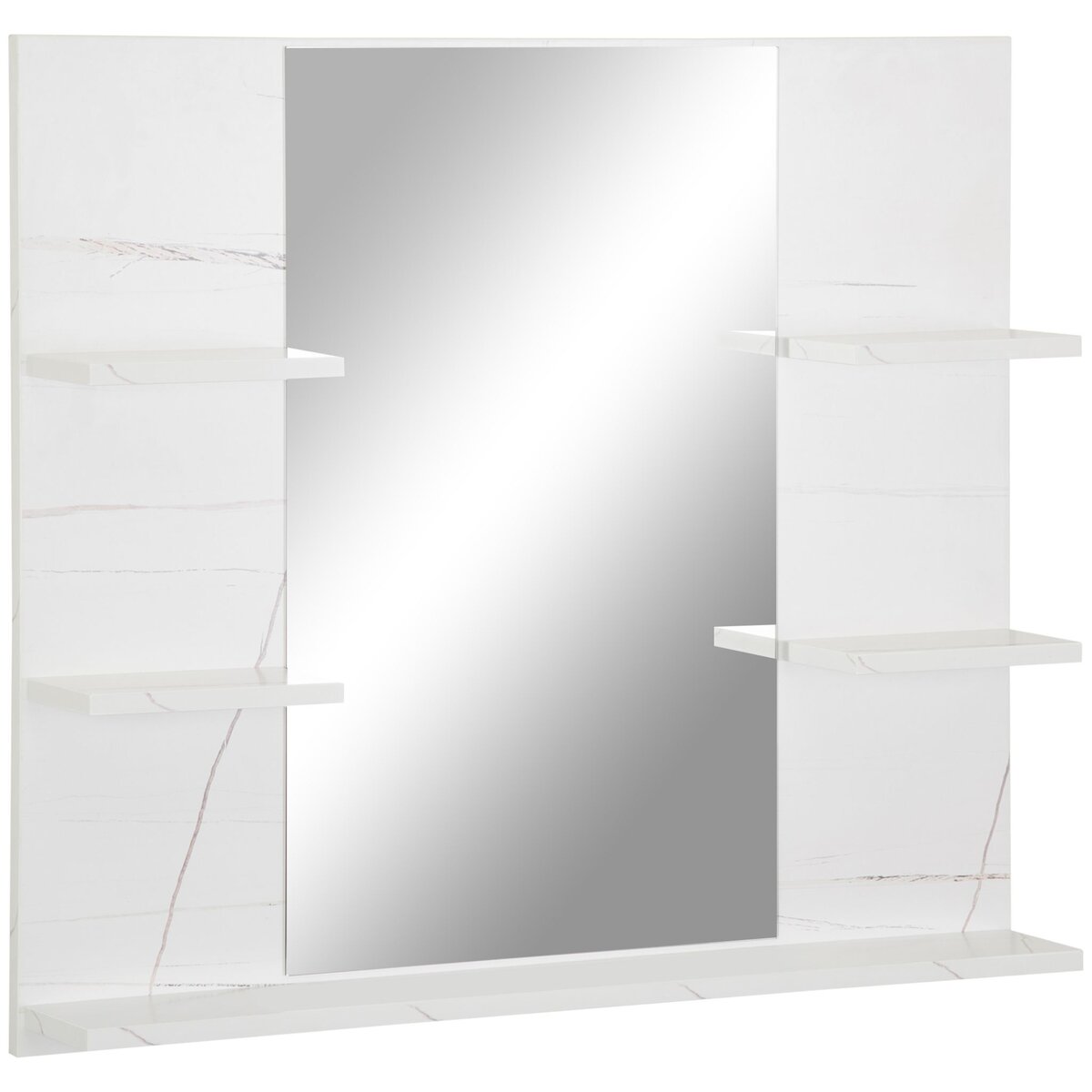 KLEANKIN Miroir de salle de bain avec étagères - 4 étagères latérales + grande étagère inférieure - kit installation fourni - MDF blanc effet marbre
