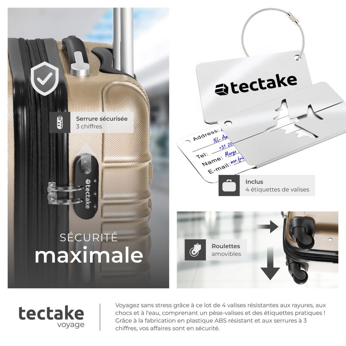 tectake Set de valises rigides 4 pièces en plastique ABS robuste, pèse-bagages et une étiquette de valise incluses champagne