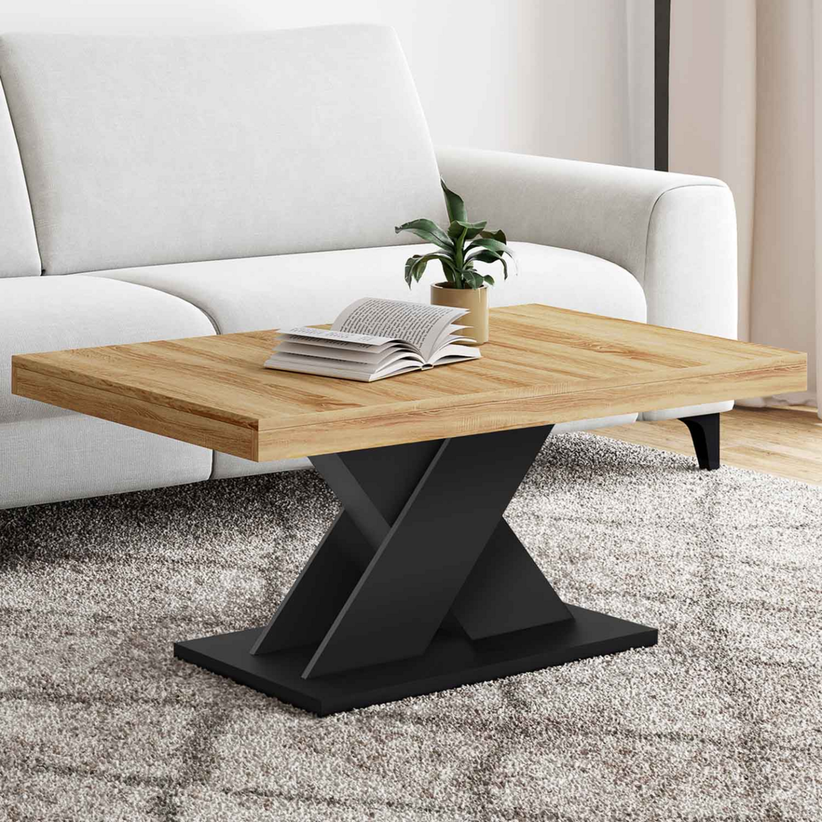 ID MARKET Table basse ALICIA plateau bois et pied X noir