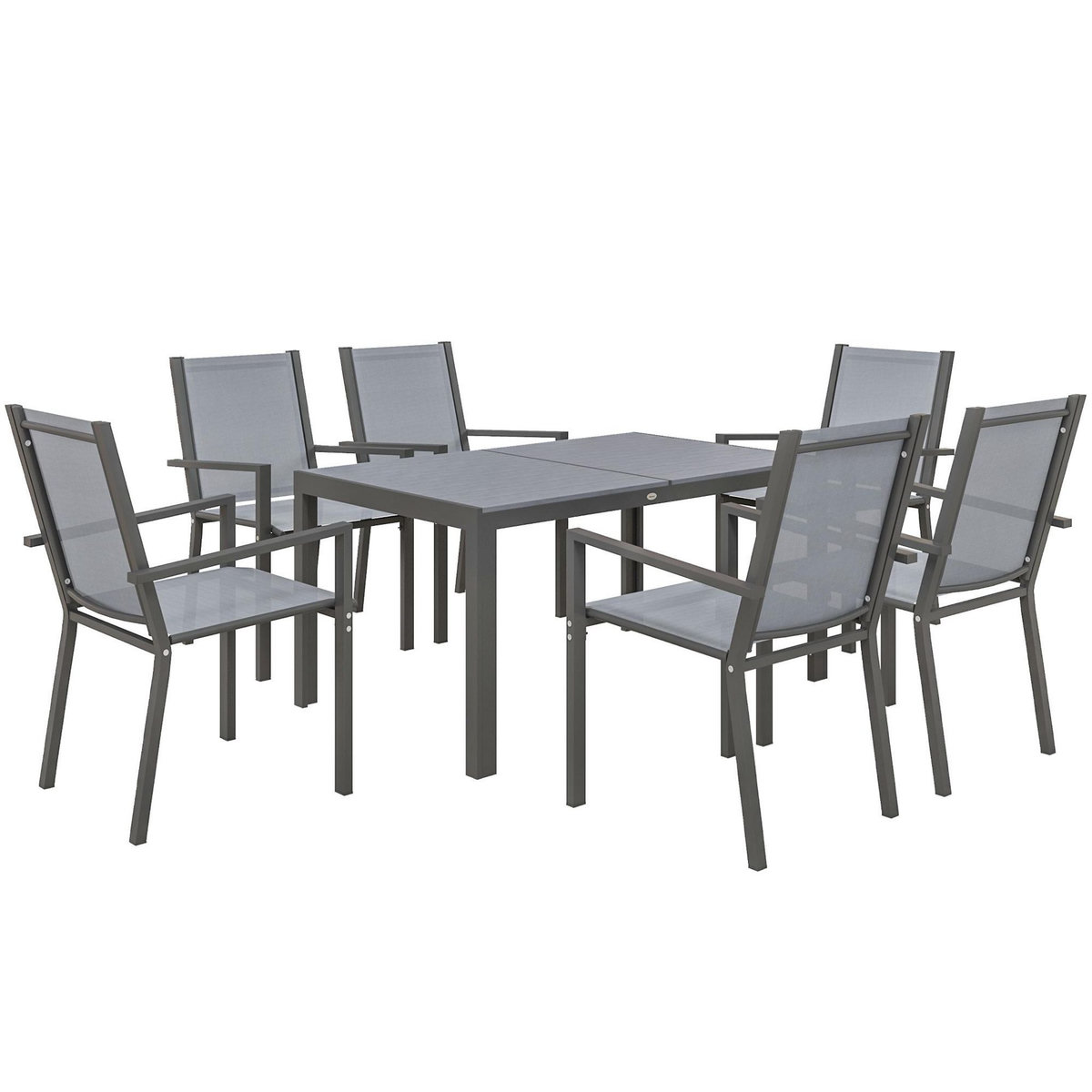 OUTSUNNY Ensemble salon de jardin repas - ensemble repas extérieur - 6 chaises empilables grande table effet bois - acier textilène gris