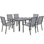 OUTSUNNY Ensemble salon de jardin repas - ensemble repas extérieur - 6 chaises empilables grande table effet bois - acier textilène gris