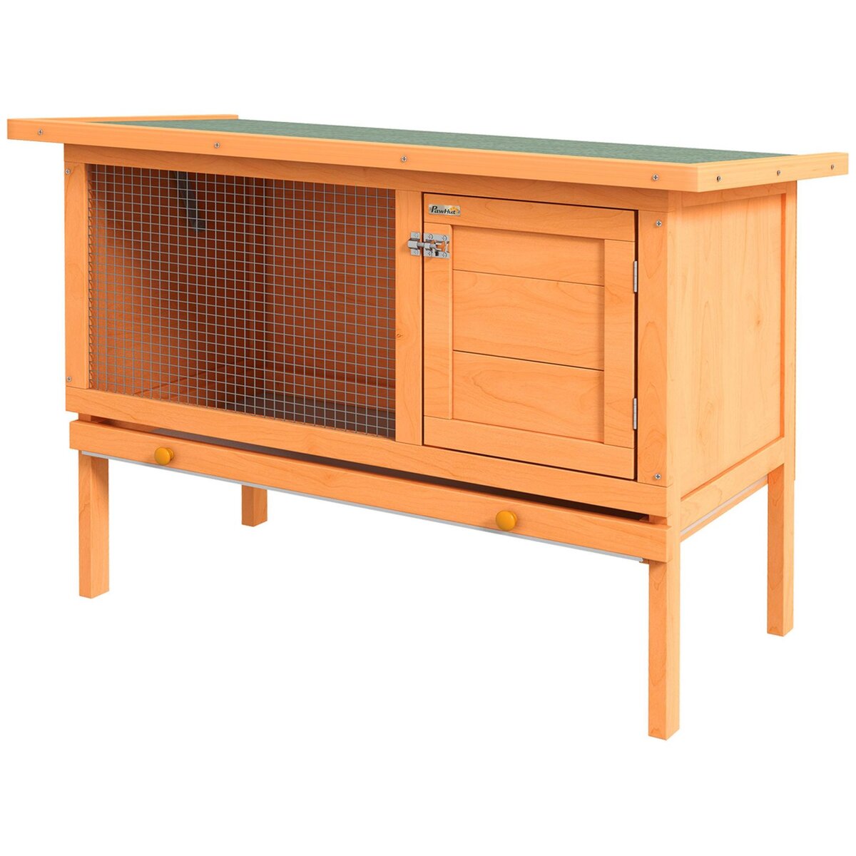 PAWHUT Clapier sur pieds cage à lapin plateau excrément coulissant porte verrouillable fenêtre grillagée toit lino vert bois de sapin lasuré