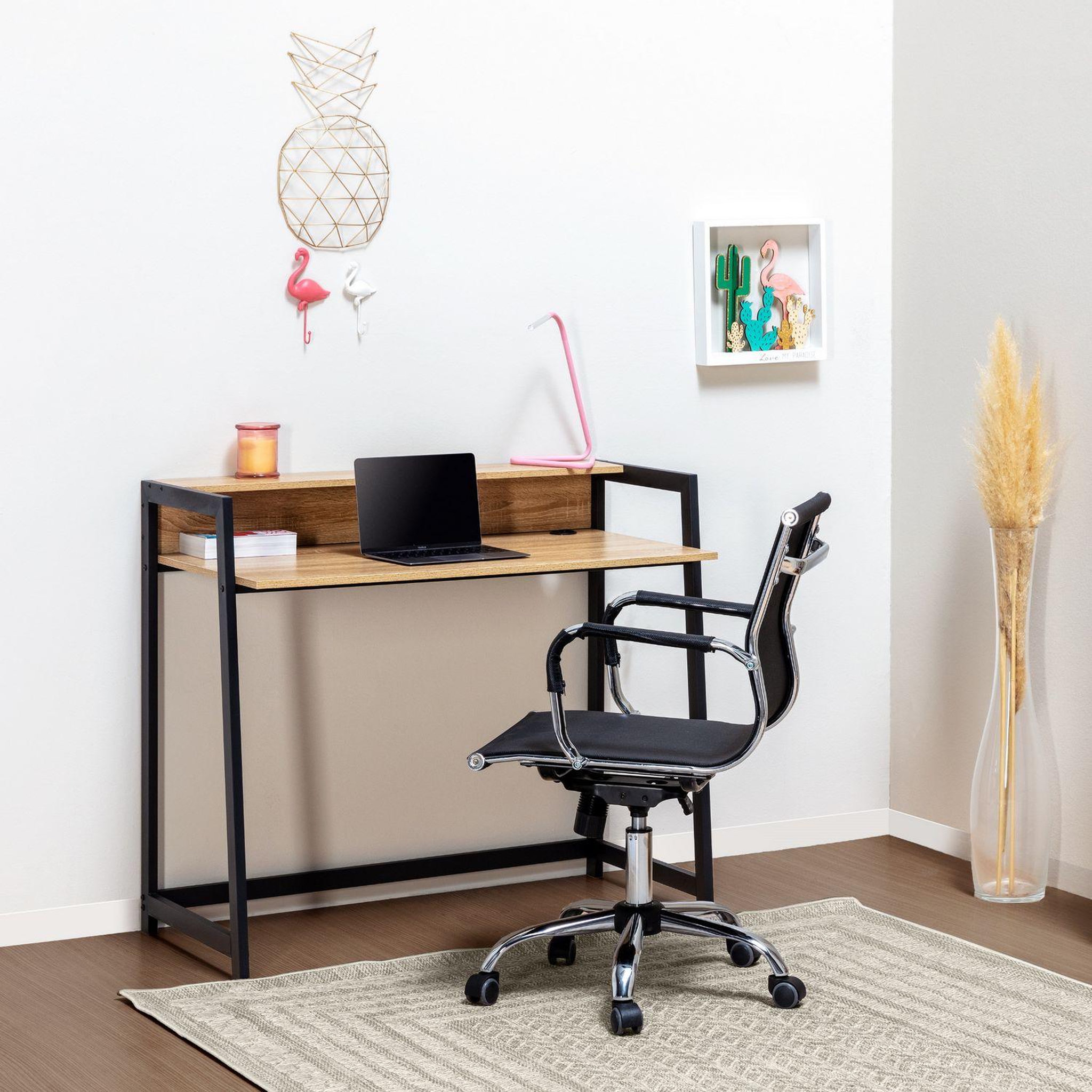 Voir la diapositive 5 : VS VENTA-STOCK Bureau Naia noir, 1 étagère, style industriel, 105 cm longueur