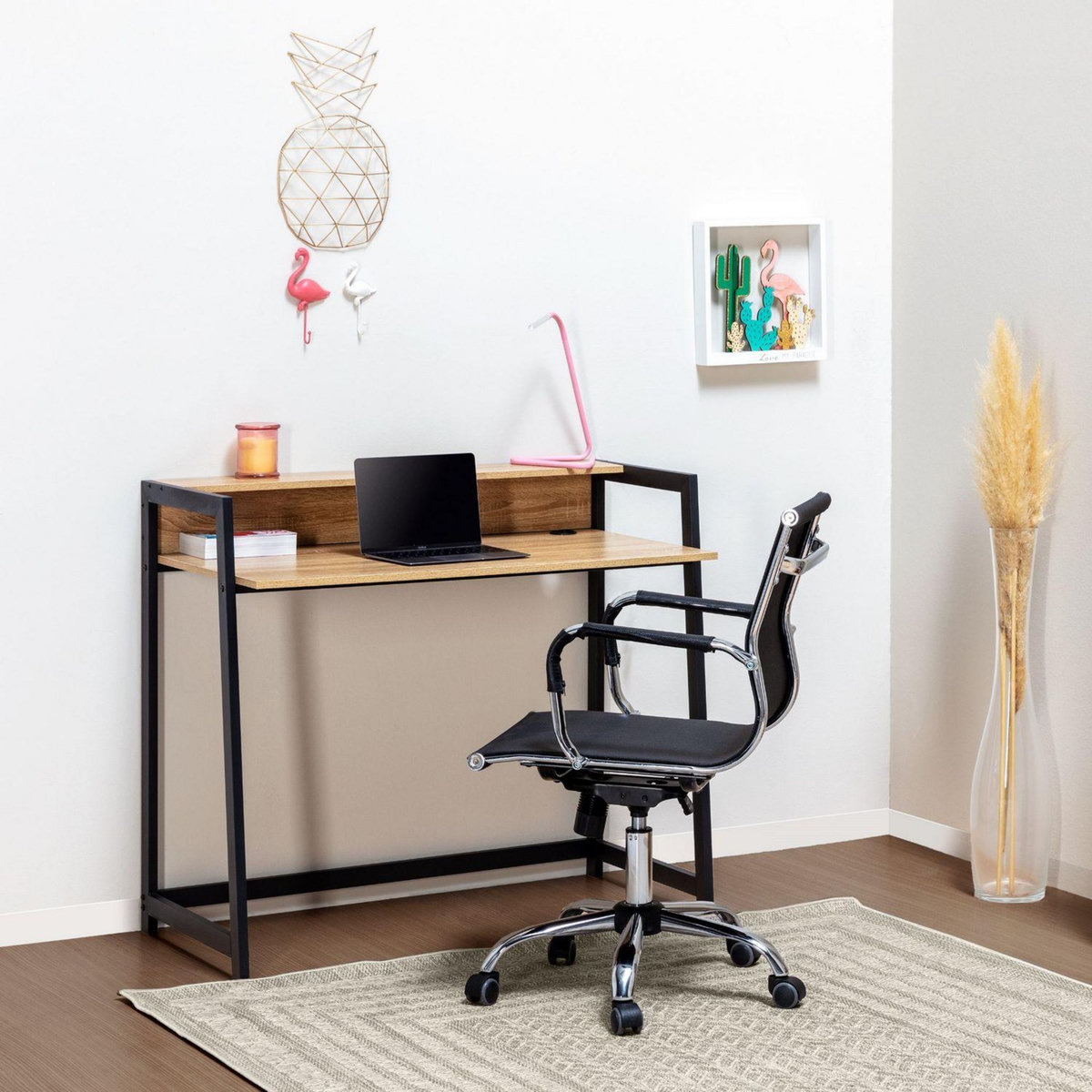 VS VENTA-STOCK Bureau Naia noir, 1 étagère, style industriel, 105 cm longueur