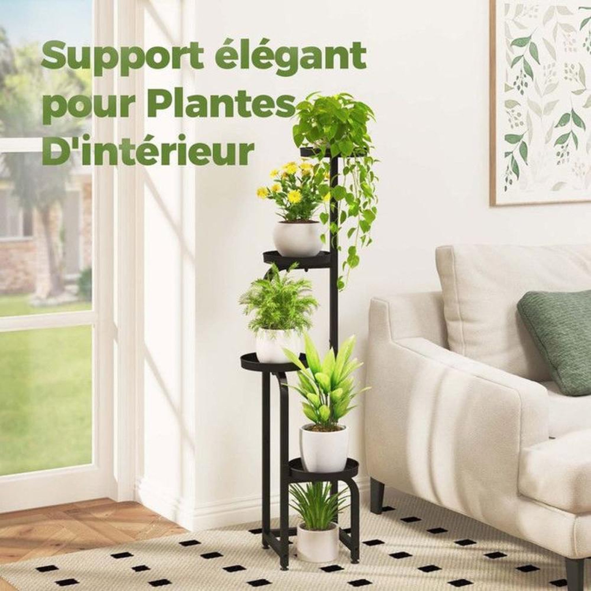Voir la diapositive 5 : Porte plante spirale 4 niveaux noir en métal, plateaux perforés de drainage, pieds réglables, hauteur 116,8 cm