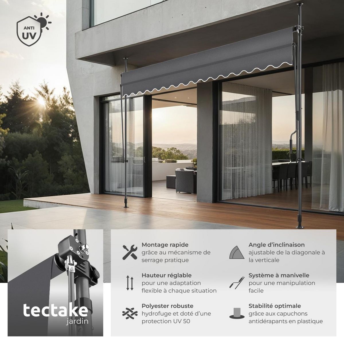 tectake Store à pince sans perçage avec manivelle noir/gris 350 x 180 cm