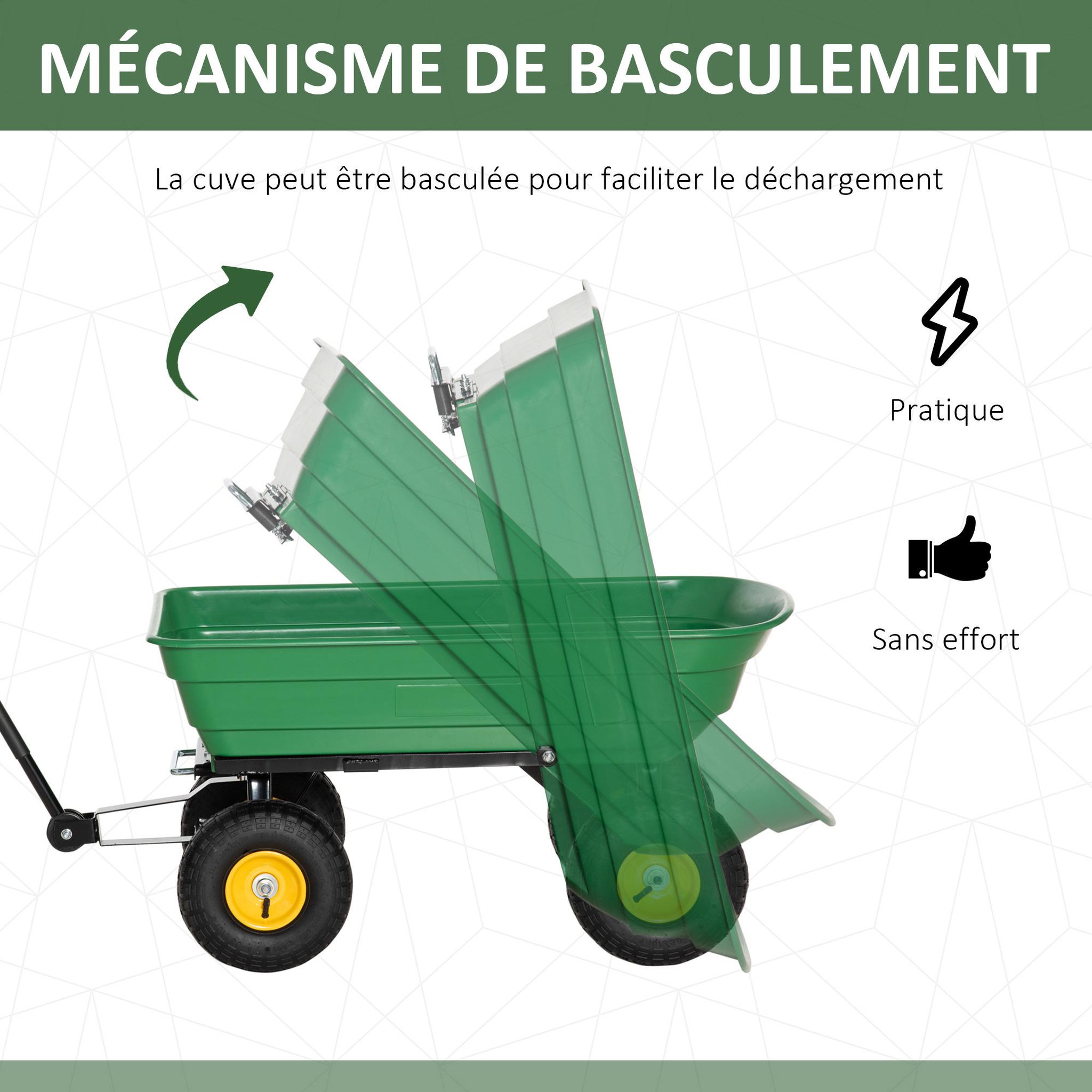 Voir la diapositive 4 : OUTSUNNY Chariot de jardin à main benne basculante 75° 75L charge max. 200 Kg 4 roues pneumatiques acier PP jaune vert