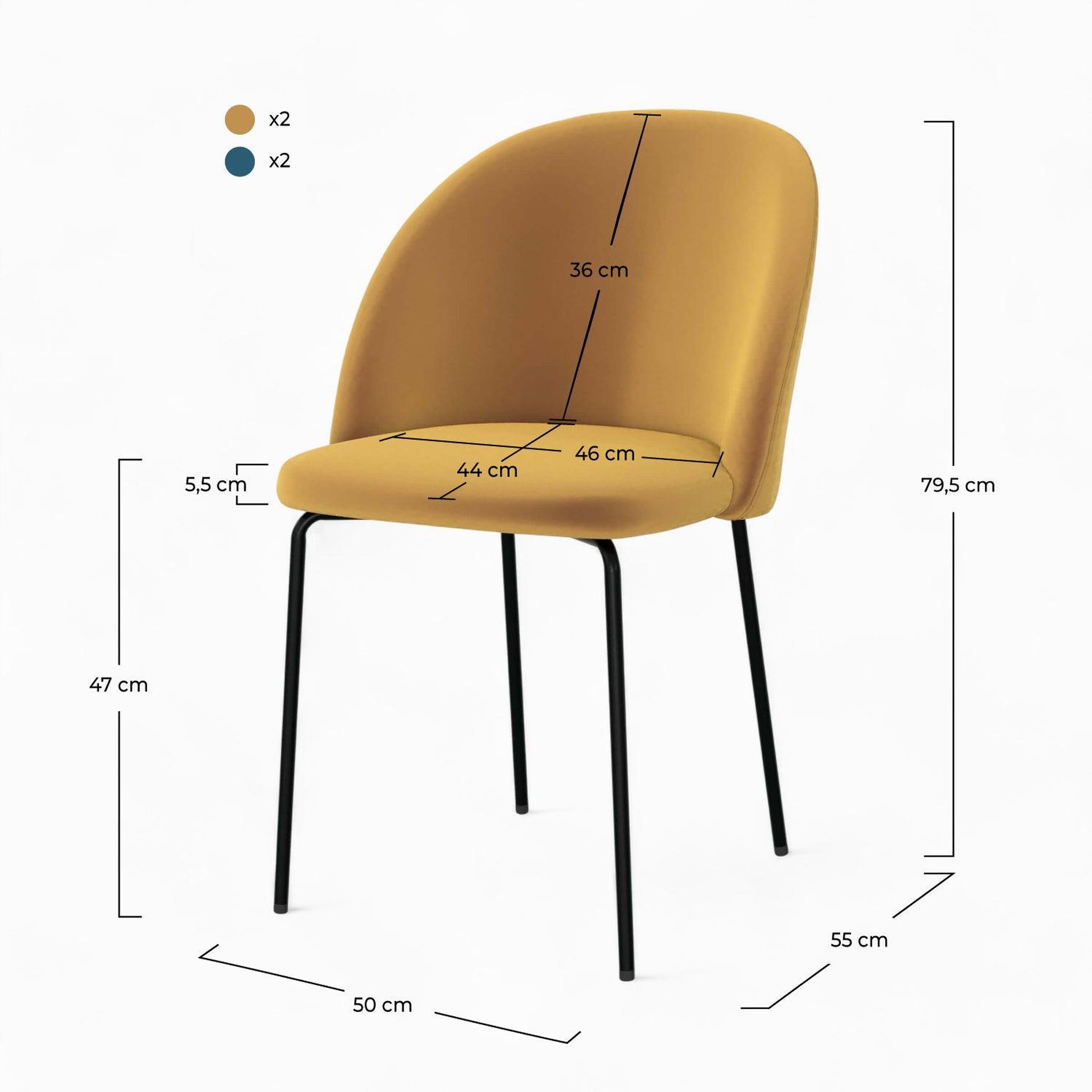 Voir la diapositive 4 : MAISON PAVANE Pack 4 chaises en velours jaune moutarde et bleu foncé-karl