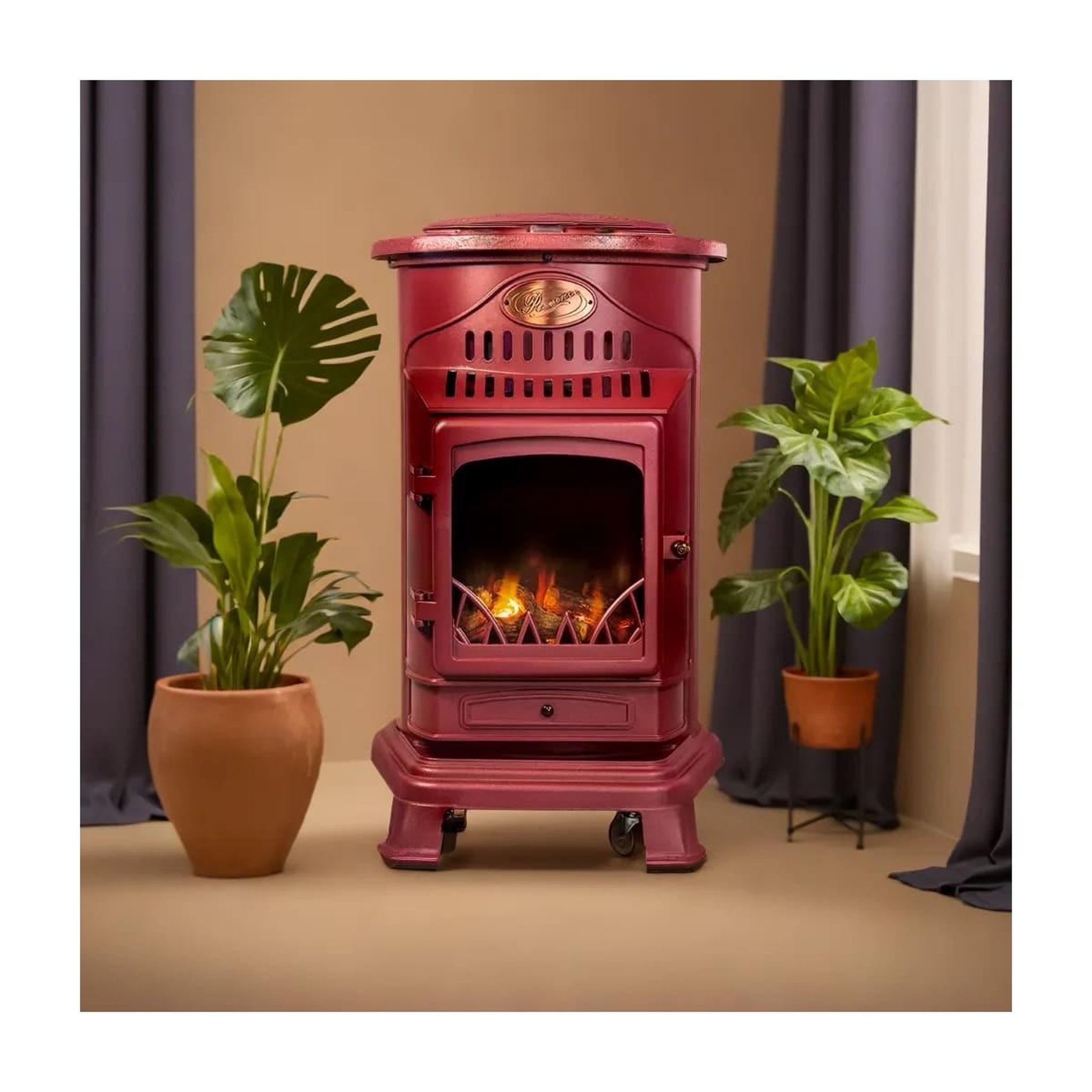 Voir la diapositive 4 : SAHARA Pack de 2 Poêles à gaz Rouge Provence en fonte 3,4KW Effet feu de bois Chauffage d'appoint gaz sur roues Sahara
