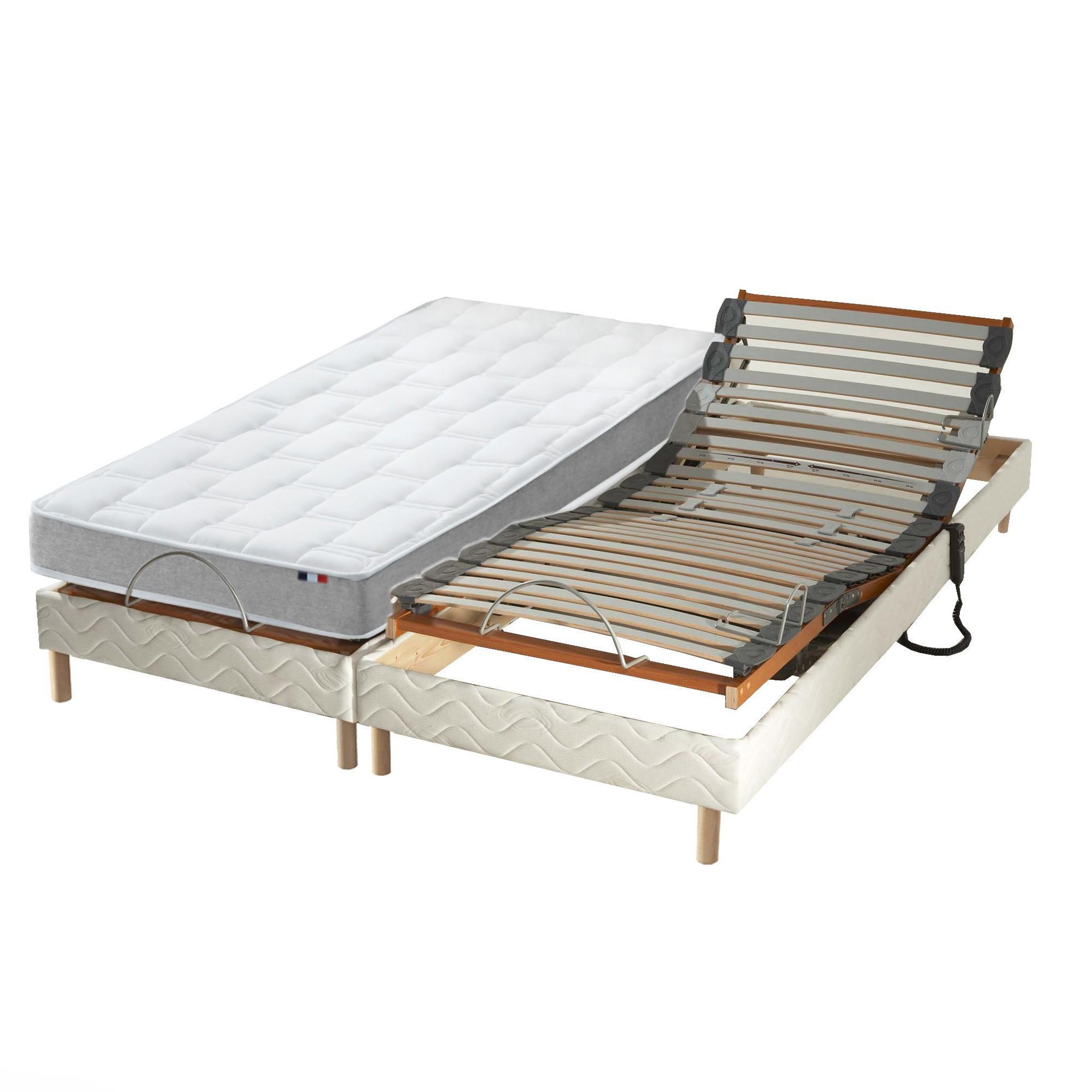 IDLITERIE Ensemble relaxation mémoire de forme + sommier avec réglage fermeté au niveau lombaire - FABRICATION France. Coloris disponibles : Blanc