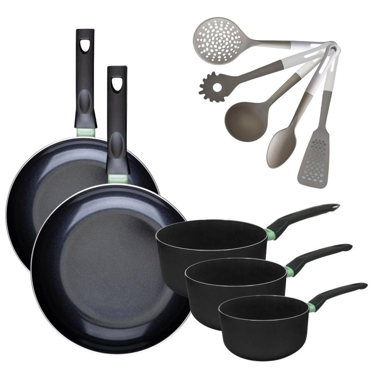 Fackelmann Lot de 2 Poêles 28/30 cm et 3 Casseroles 16/18/20 cm Fackelmann Brandao avec 5 ustensiles de cuisine