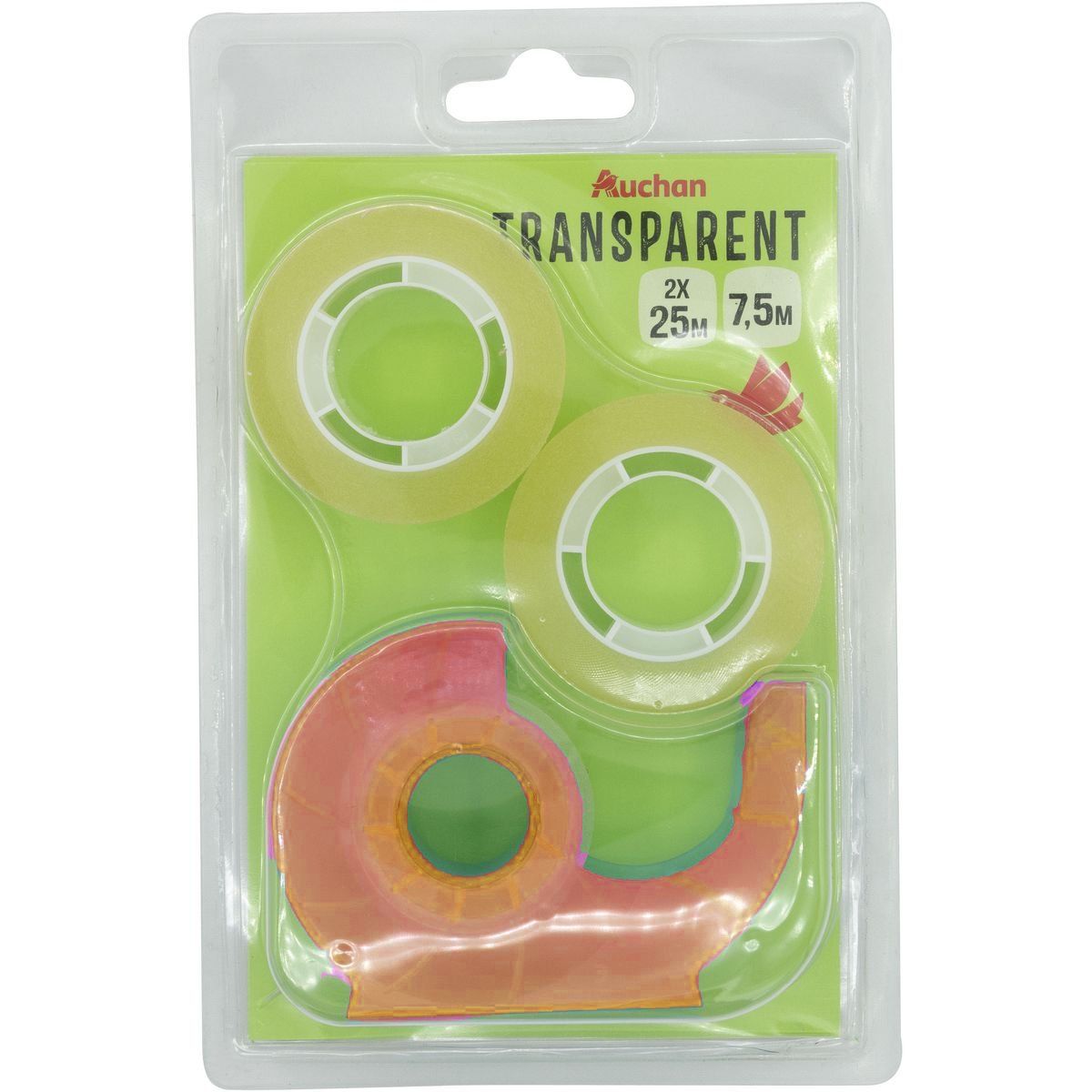 AUCHAN Rouleau ruban adhésif 25m transparent avec dévidoir orange + 2 rouleaux