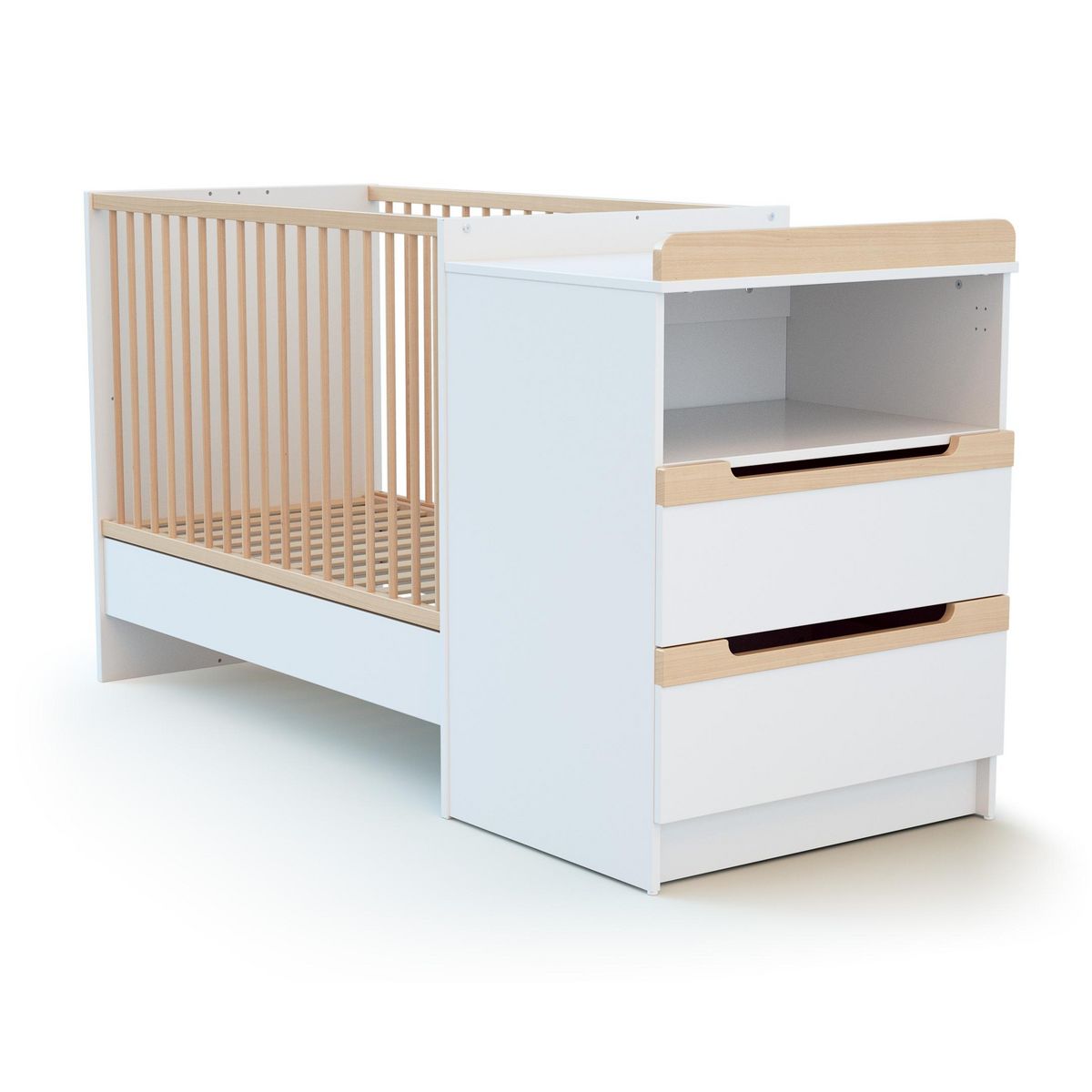 AT4 Combiné lit bébé évolutif en bois CARROUSEL Blanc et Hêtre Verni 60 x 120 cm