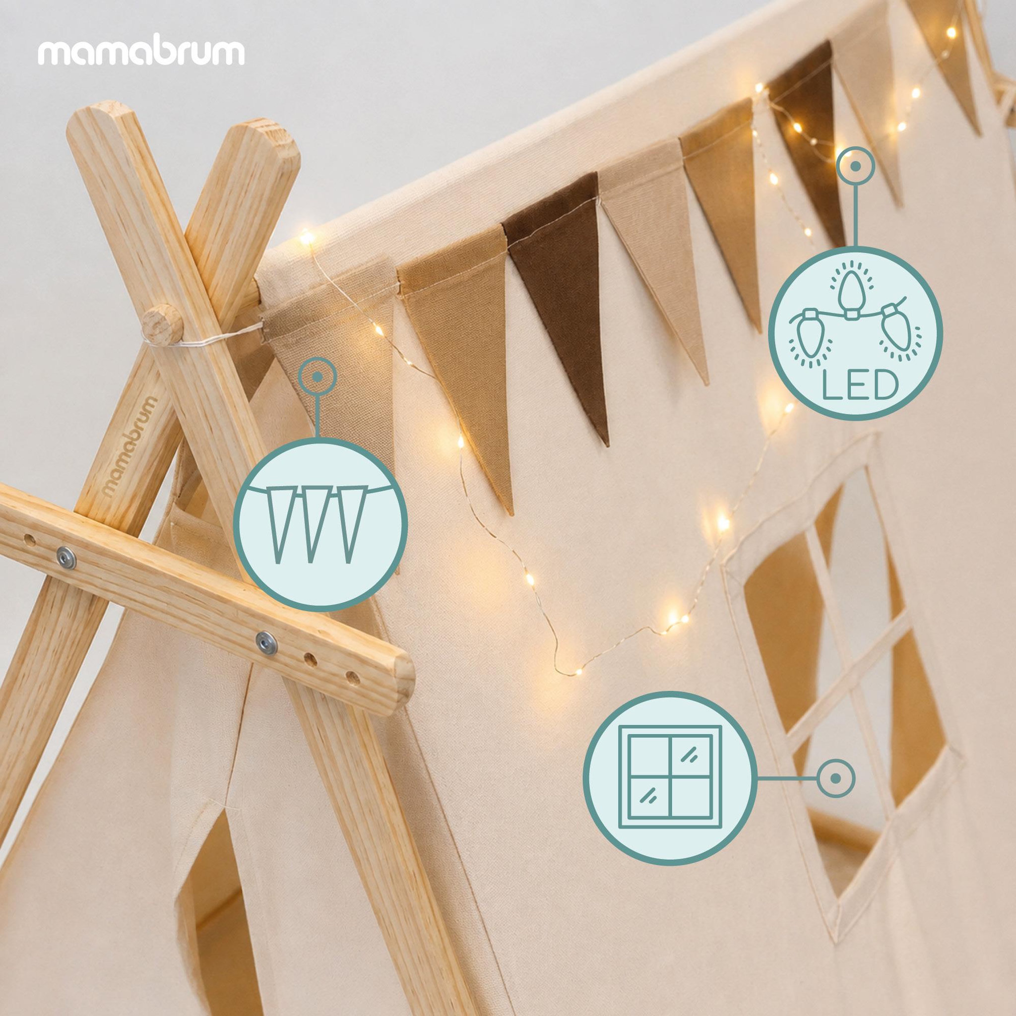 Voir la diapositive 5 : MAMABRUM Tente Tipi Enfant avec Guilande Lumineuse et Tapis de Jeu - Structure Bois 110x90x120cm LED Mamabrum