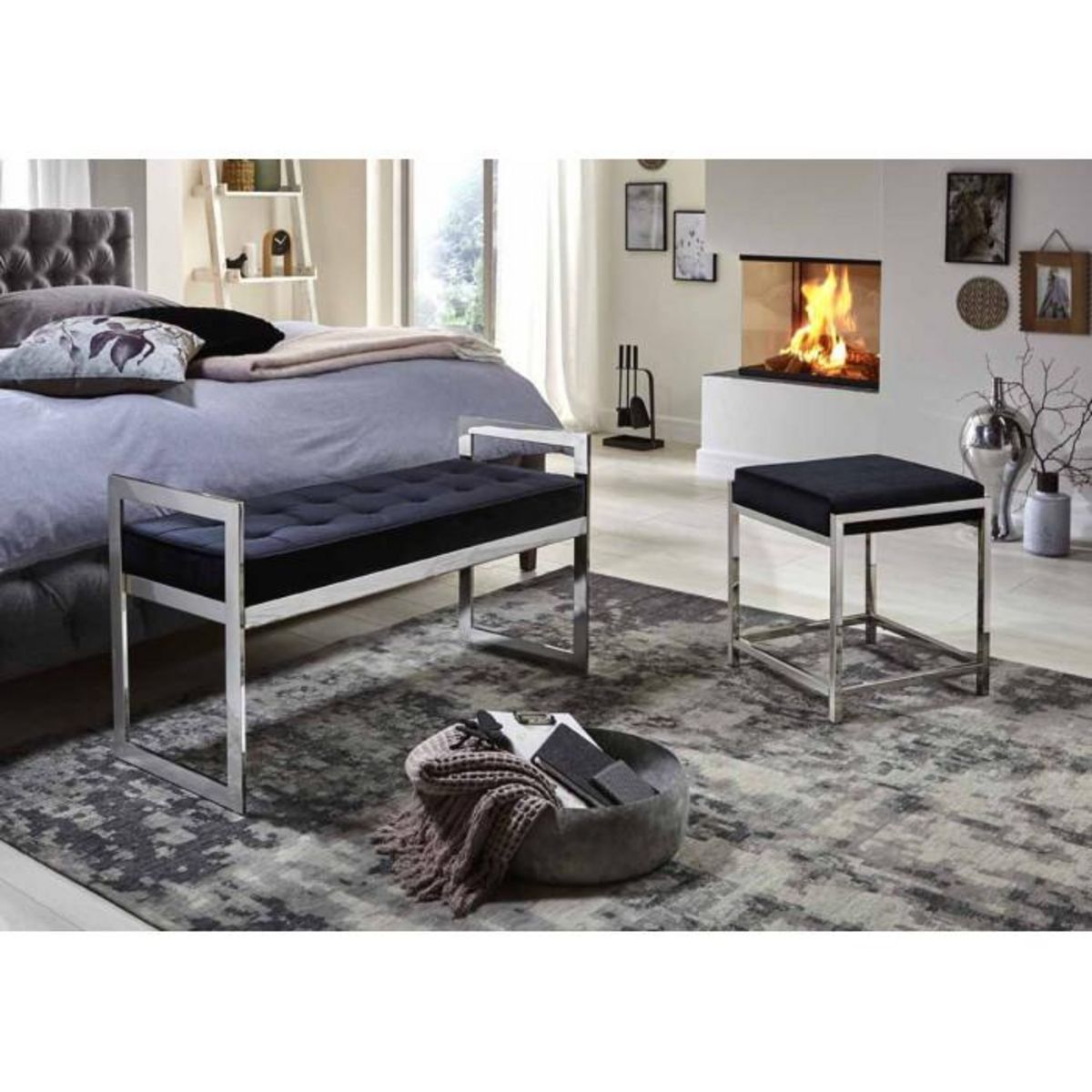 Paris Prix Banc Design en Velours  Noja  100cm Noir