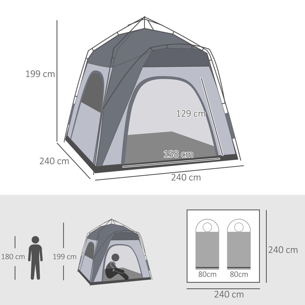 OUTSUNNY Tente de camping familiale 4 personnes montage instantanée pop-up 4 fenêtres pare-soleil dim. 2,4L x 2,4l x 1,95H m fibre verre polyester gris