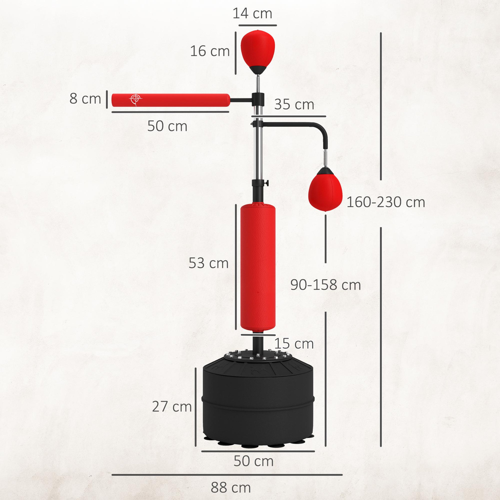 Voir la diapositive 3 : HOMCOM Sac de frappe boxe autoportant punching ball brunier 3 en 1 revêtement synthétique dim. 88l x 50l x 160-230h cm rouge