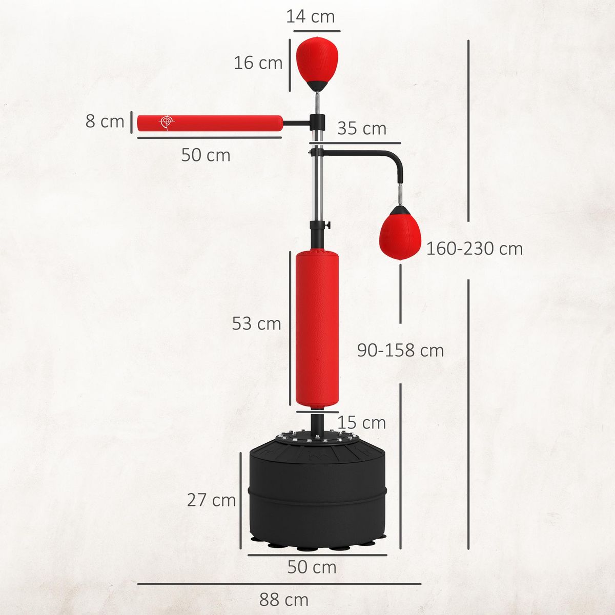 HOMCOM Sac de frappe boxe autoportant punching ball brunier 3 en 1 revêtement synthétique dim. 88L x 50l x 160-230H cm rouge