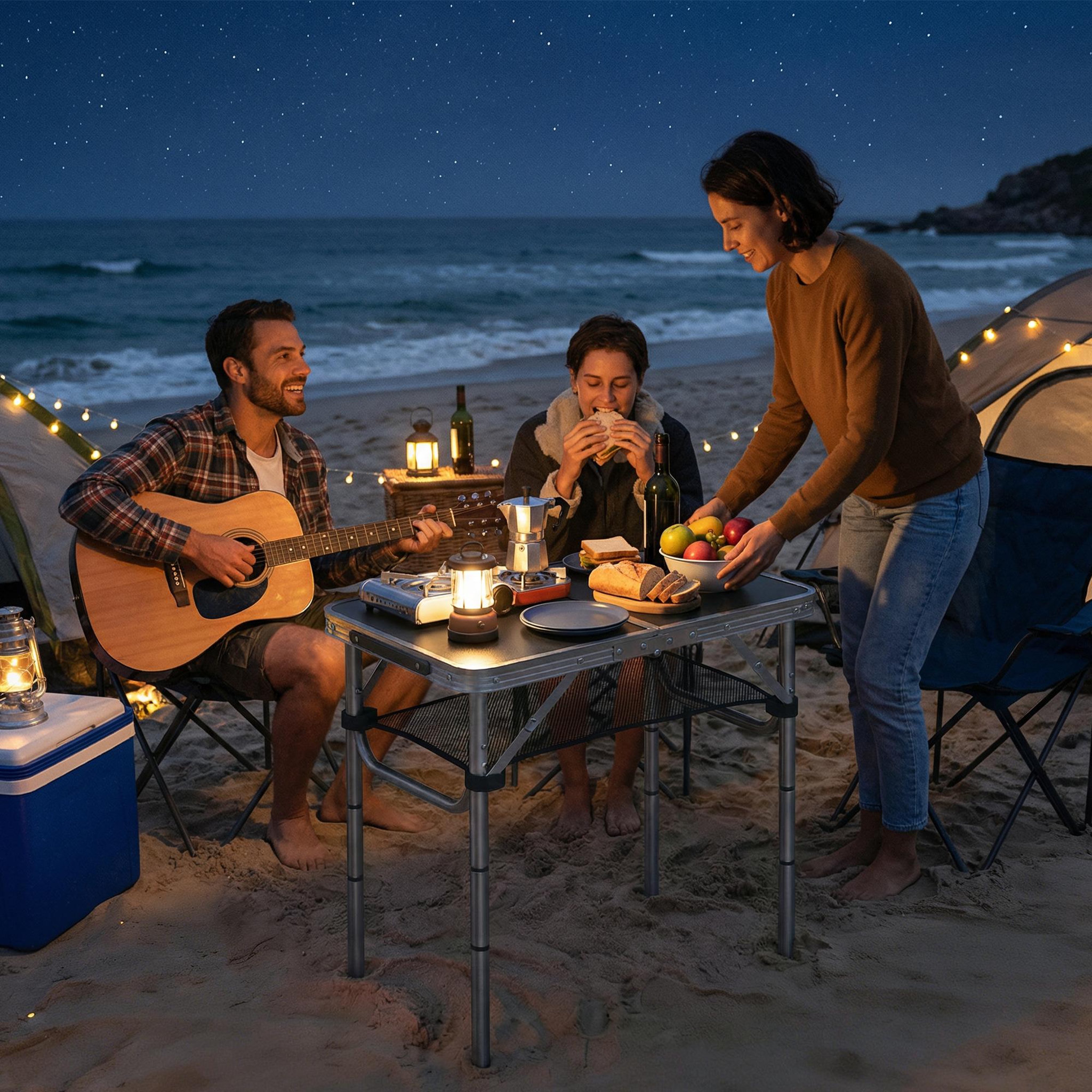 Voir la diapositive 4 : OUTSUNNY Table de camping pliable réglable alu noir avec rangement filet