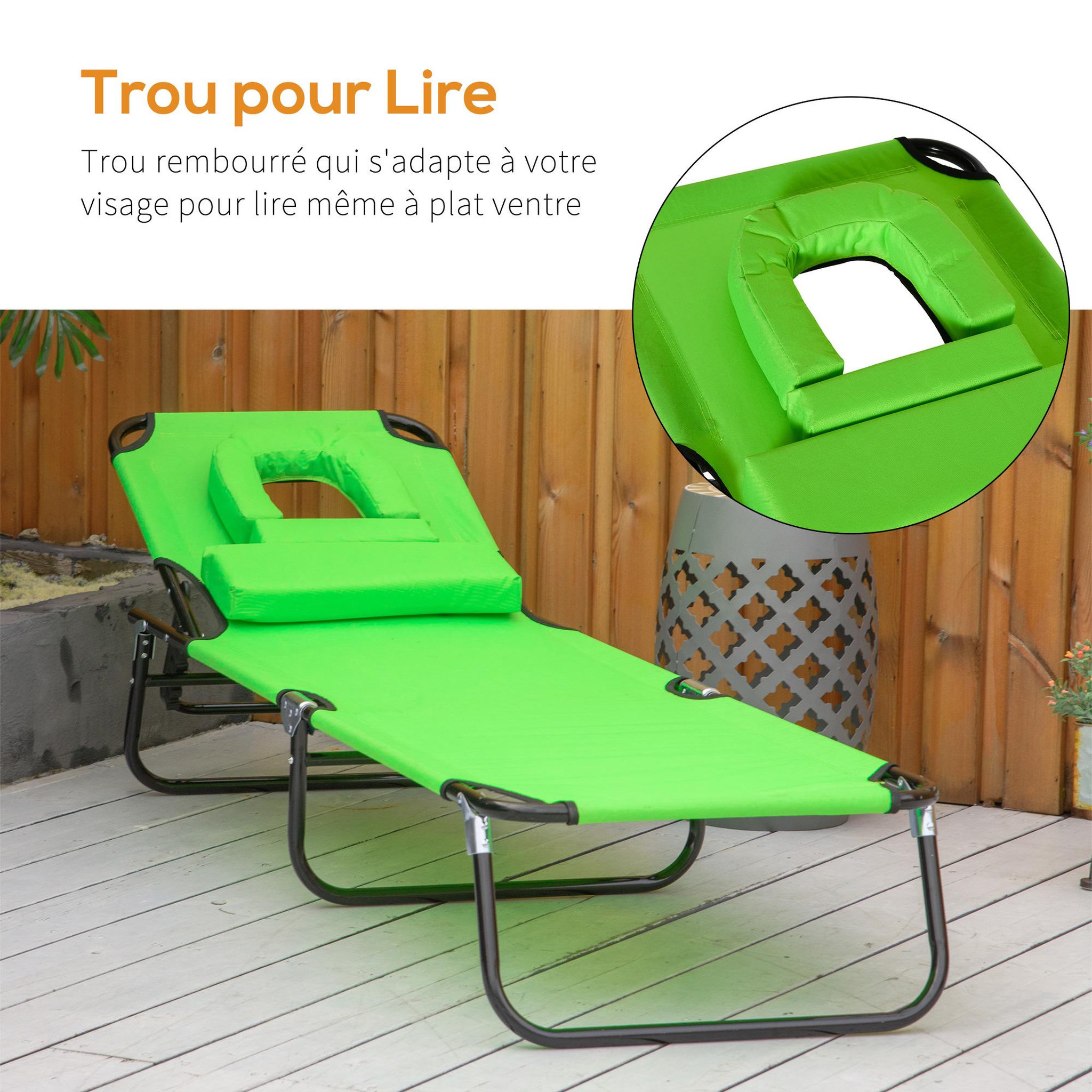 Voir la diapositive 6 : OUTSUNNY Bain de soleil pliable transat inclinable 4 positions chaise longue de lecture 3 coussins fournis vert