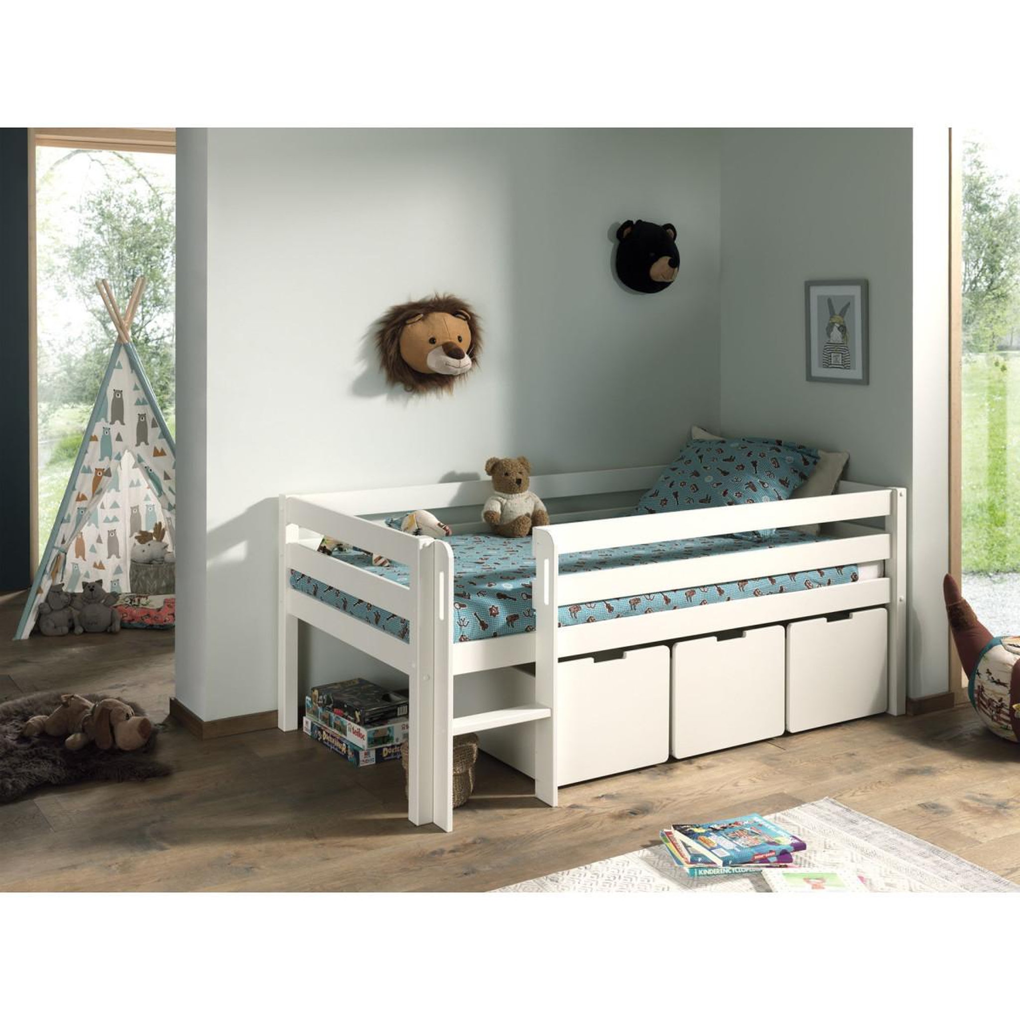Voir la diapositive 4 : Paris Prix Pack - lit enfant surélevé & 3 tiroirs  pino  90x200cm blanc