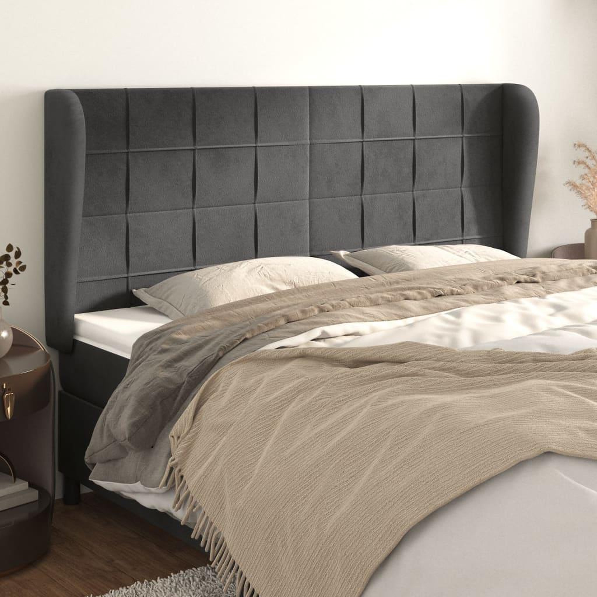 Voir la diapositive 1 : VIDAXL Tete de lit avec oreilles Gris fonce 163x23x118/128 cm Velours