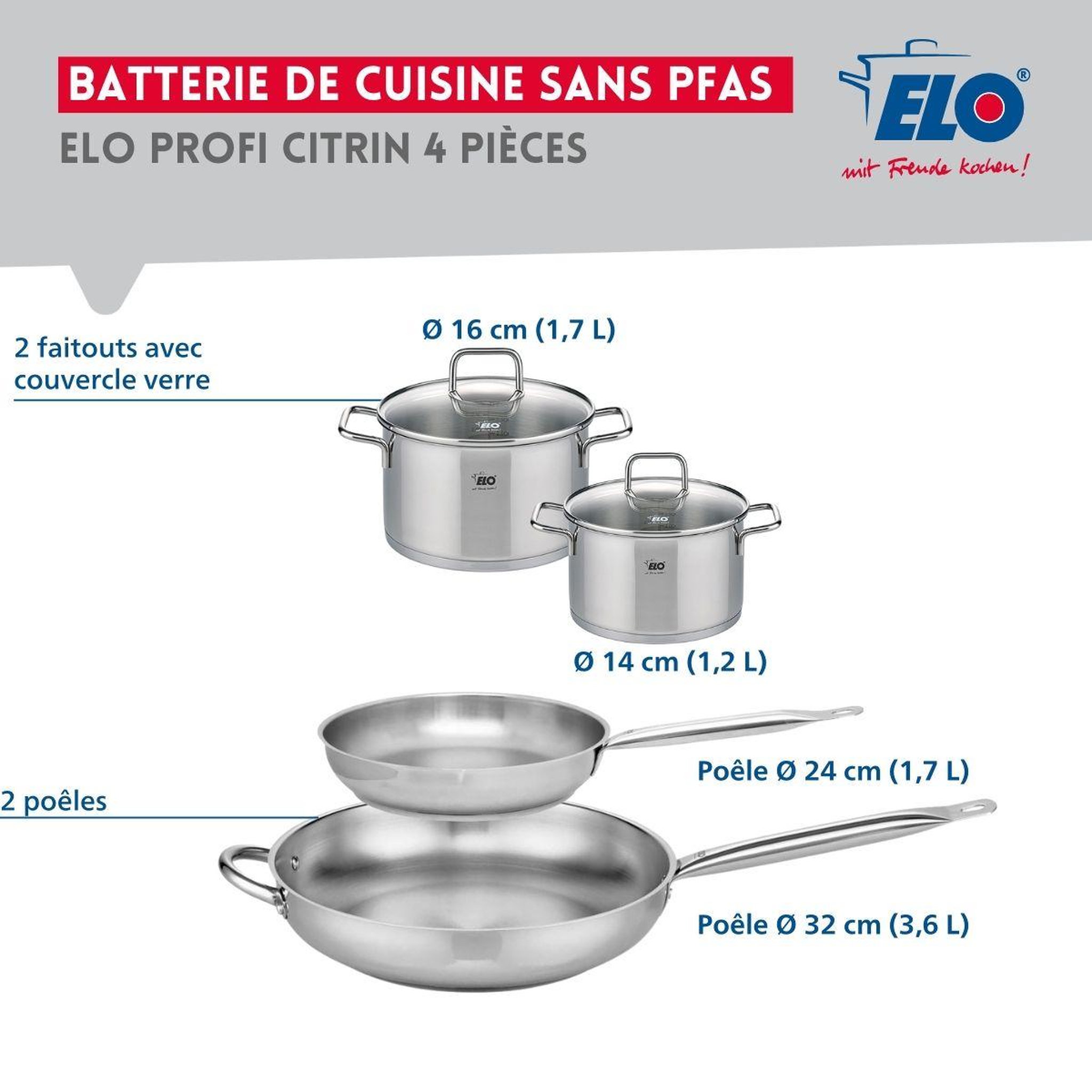 Voir la diapositive 2 : ELO Ensemble de 2 poêles de cuisson 24 et 32 cm et 2 faitouts 14 et 16 cm elo profi citrin