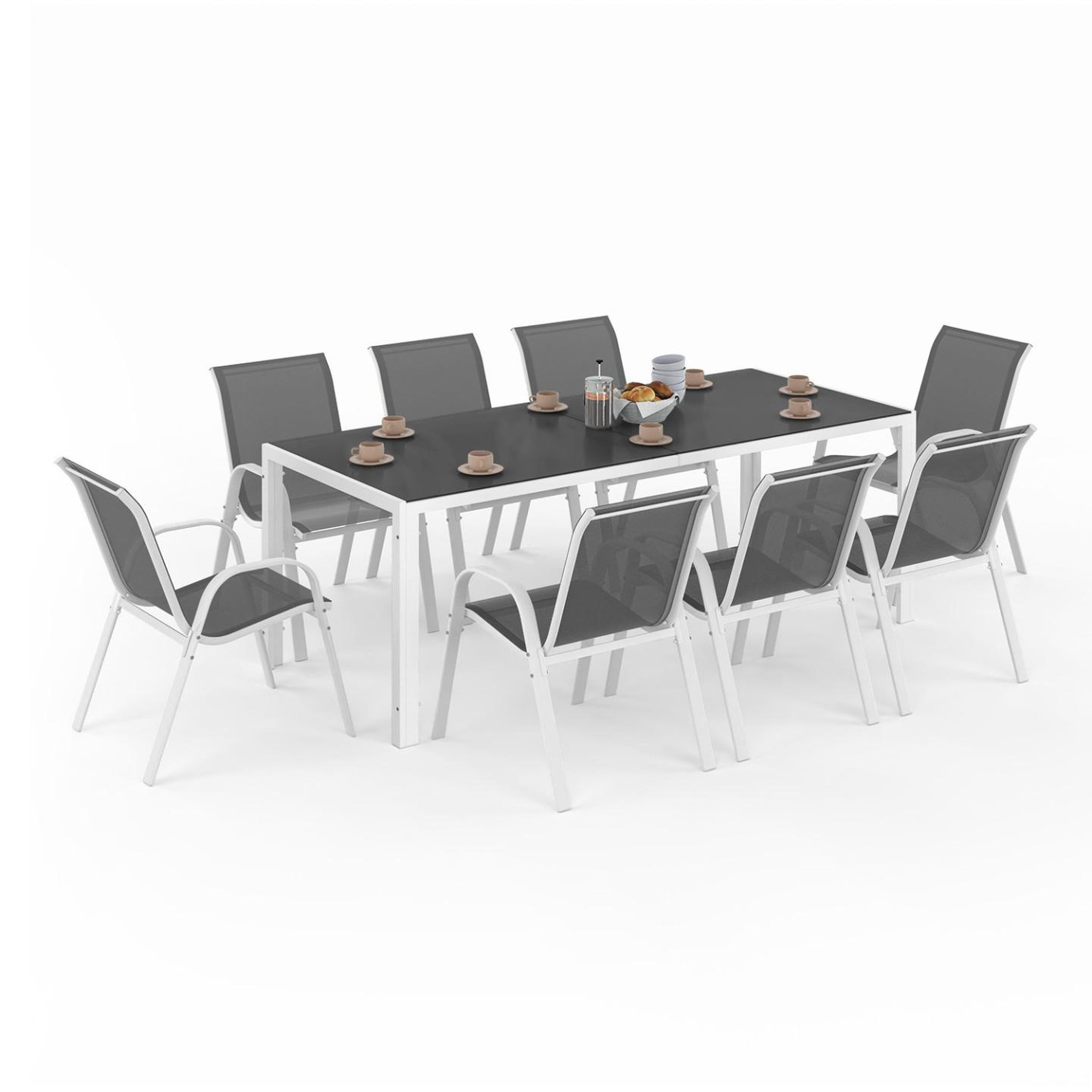 ID MARKET Salon de jardin madrid table 190 cm et 8 chaises empilables blanc et gris