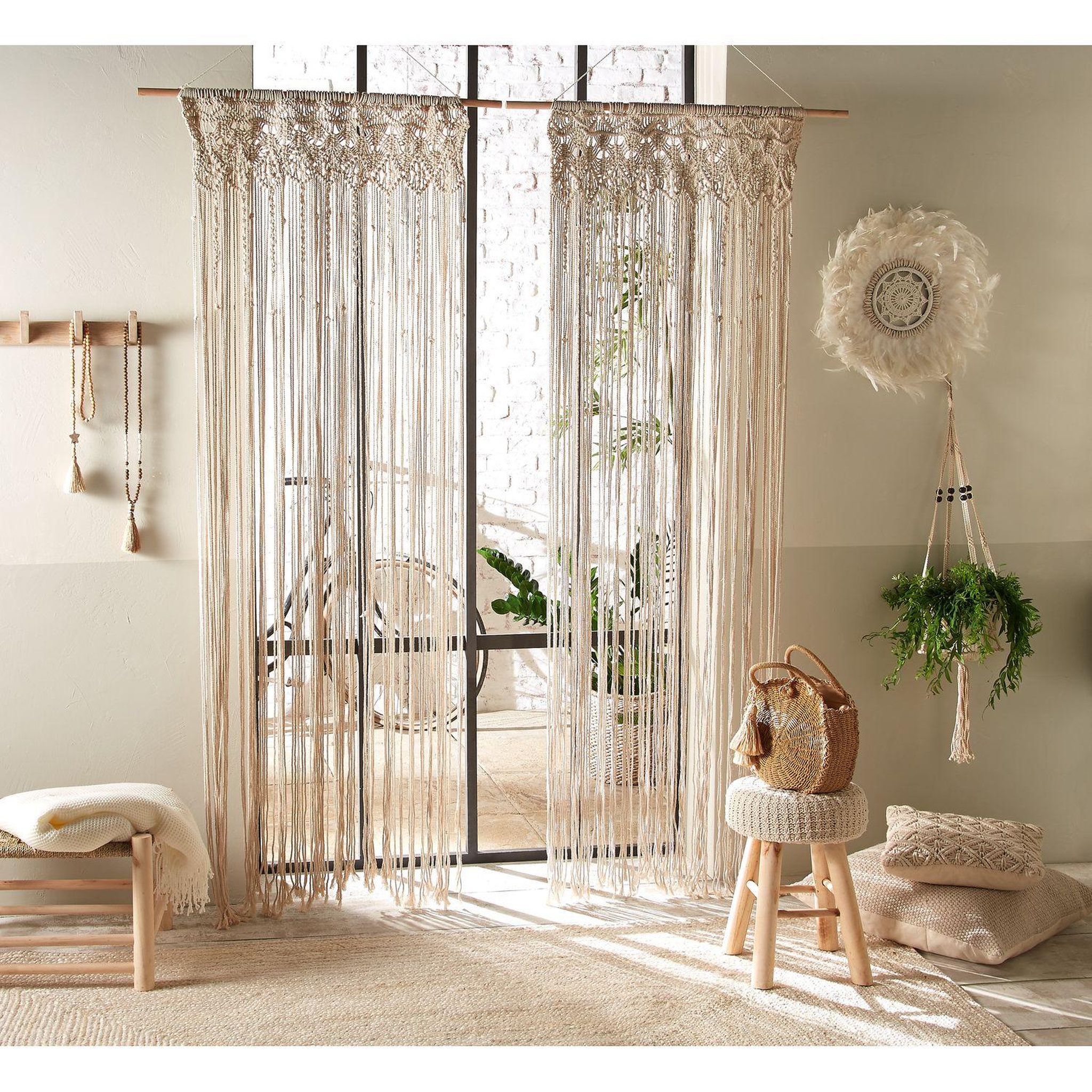 Voir la diapositive 2 : TOILINUX Lot de 2 rideaux à fil détails macramé rituality - l. 90 x h. 200 cm - beige