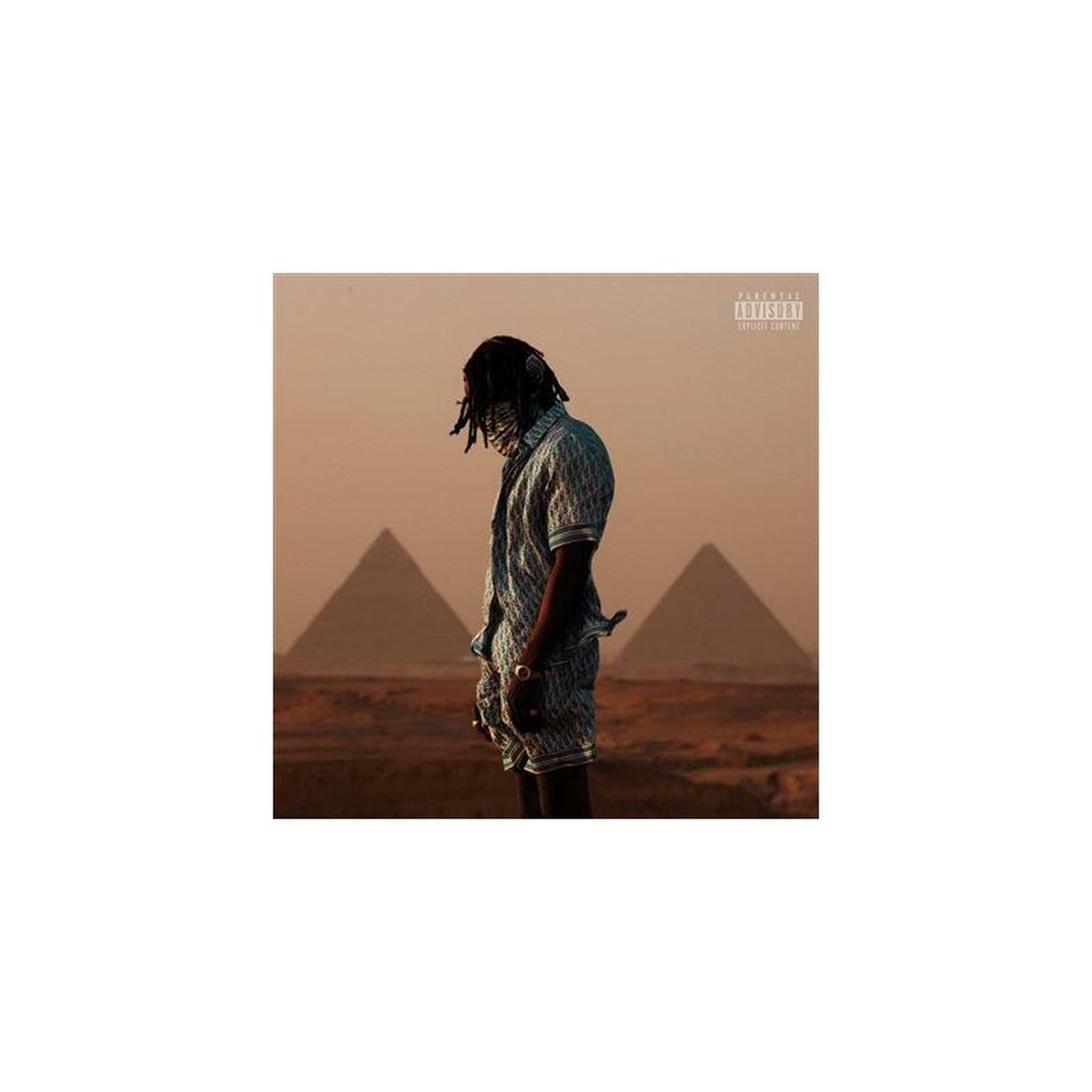 Pochette d'album de musique vinyle en orientation portrait, désert aux pyramides en beige et brun