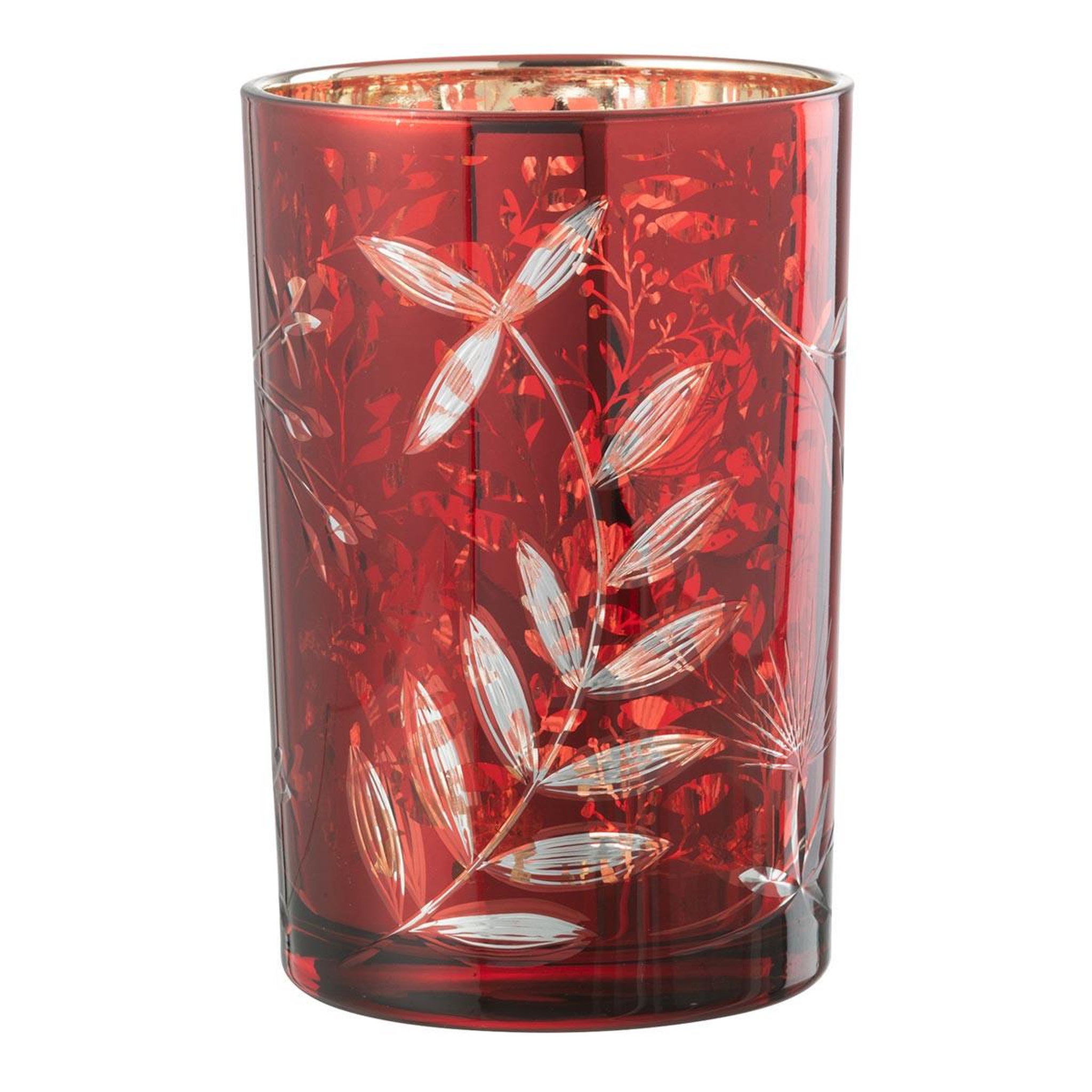 J-LINE Photophore Déco en Verre  Feuilles  18cm Rouge