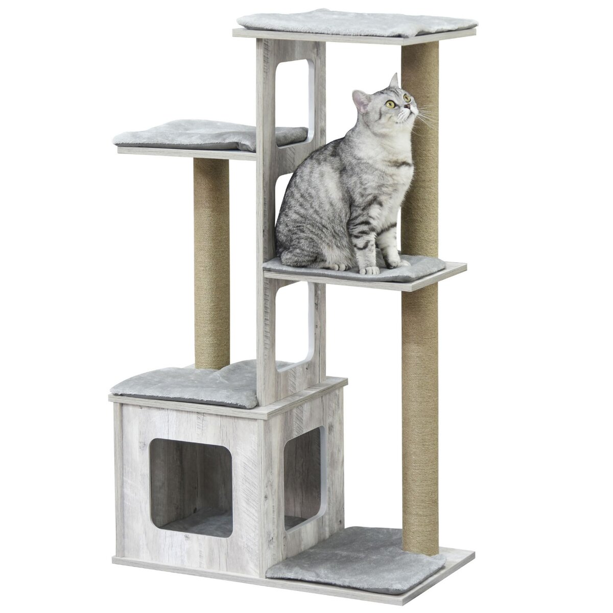 PAWHUT Arbre à chats design contemporain griffoirs grattoirs sisal naturel niche plate-formes 6 coussins MDF bois gris